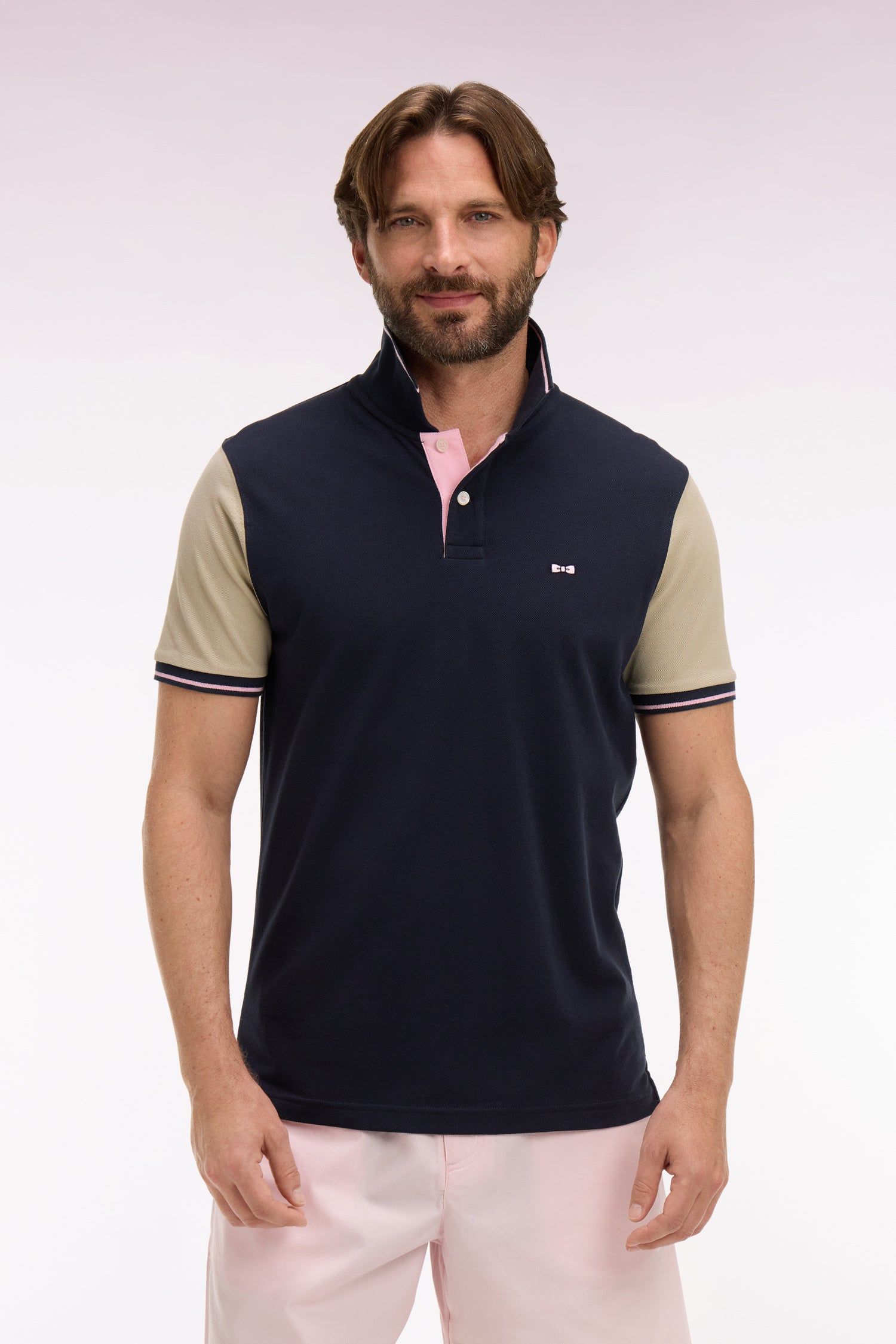 Polo à manches courtes en coton marine et beige