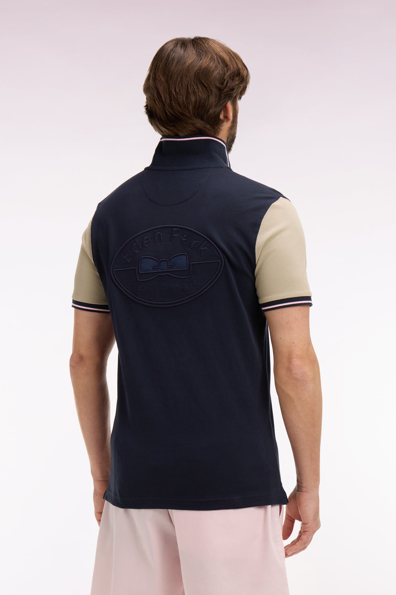 Polo à manches courtes en coton marine et beige