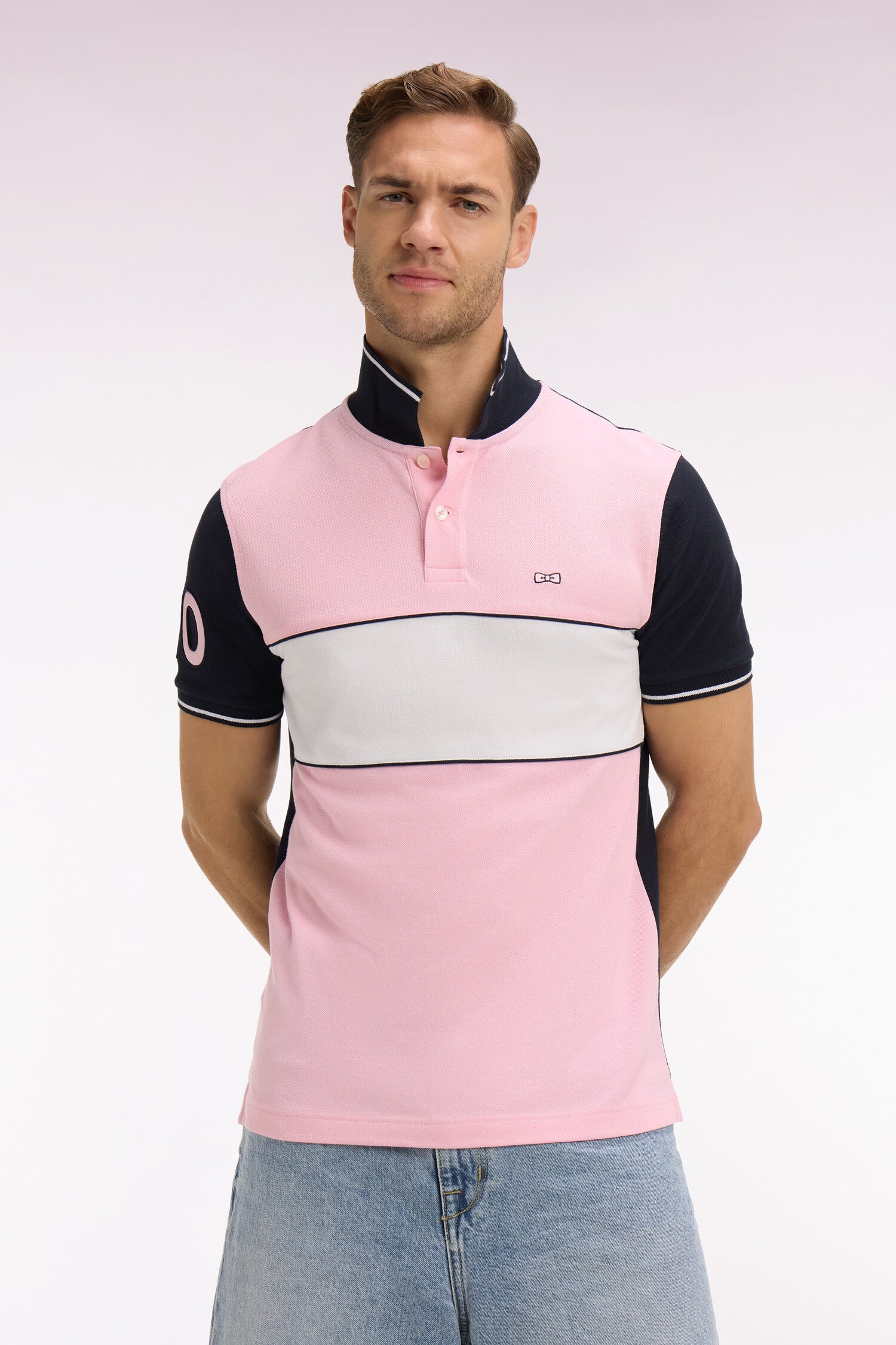 Polo à manches courtes en coton rose et marine coupe regular