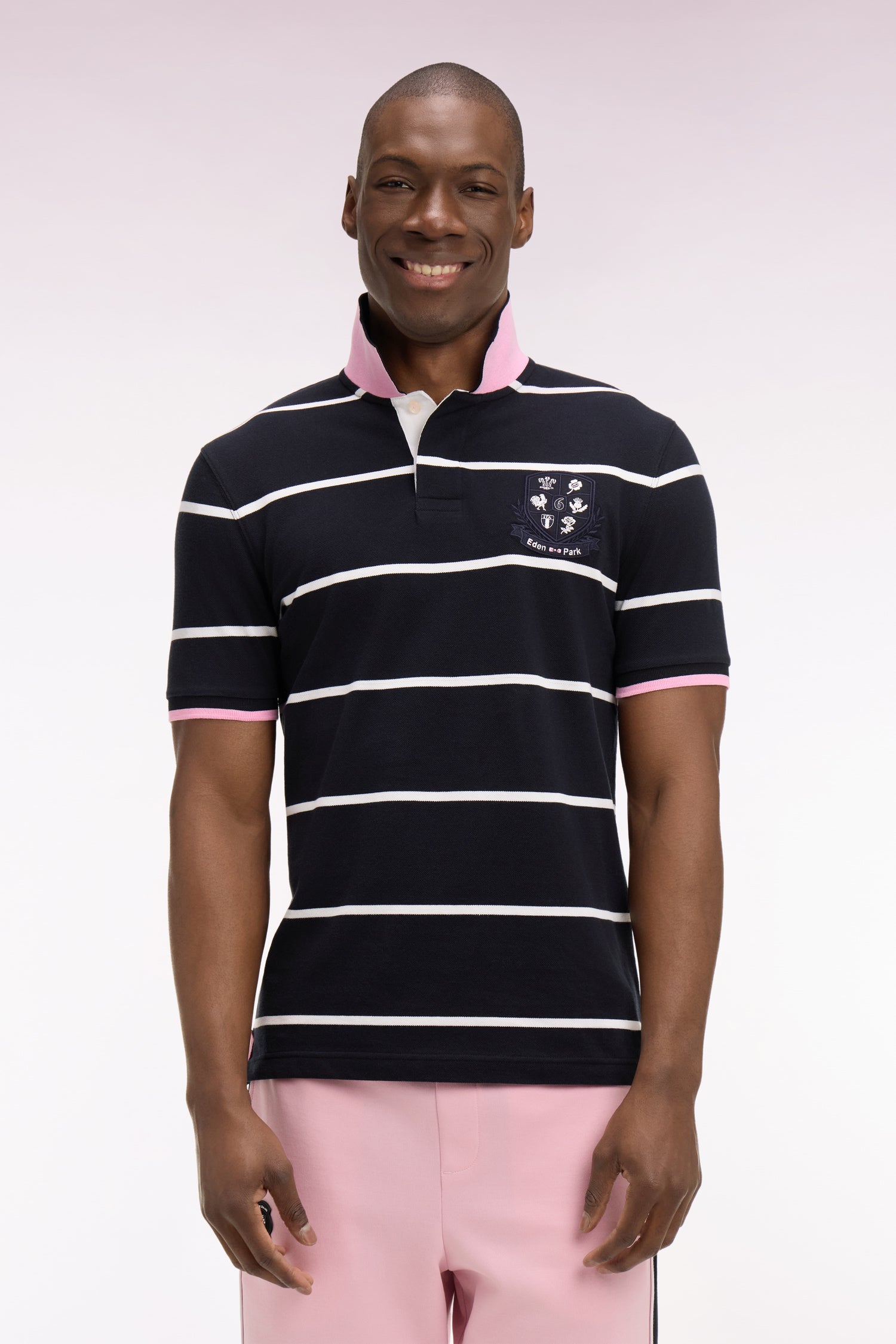 Polo à manches courtes 6 Nations en coton marine rayé coupe regular