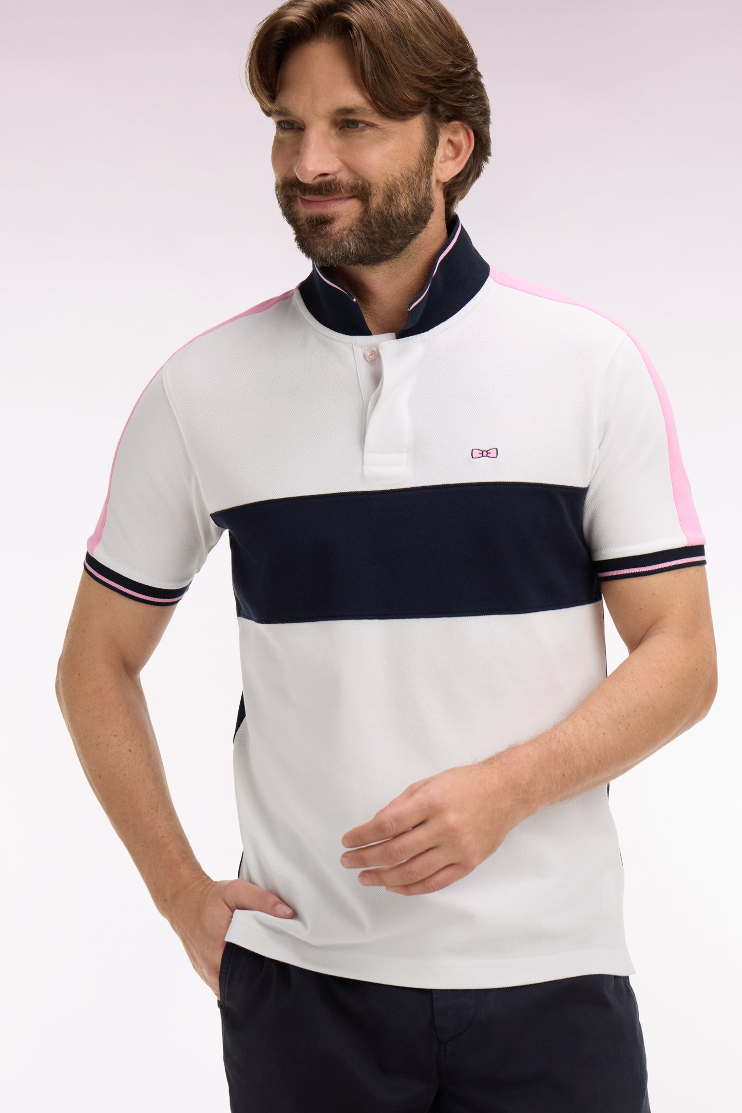 Short-sleeved white cotton piqué polo shirt cut and sewn