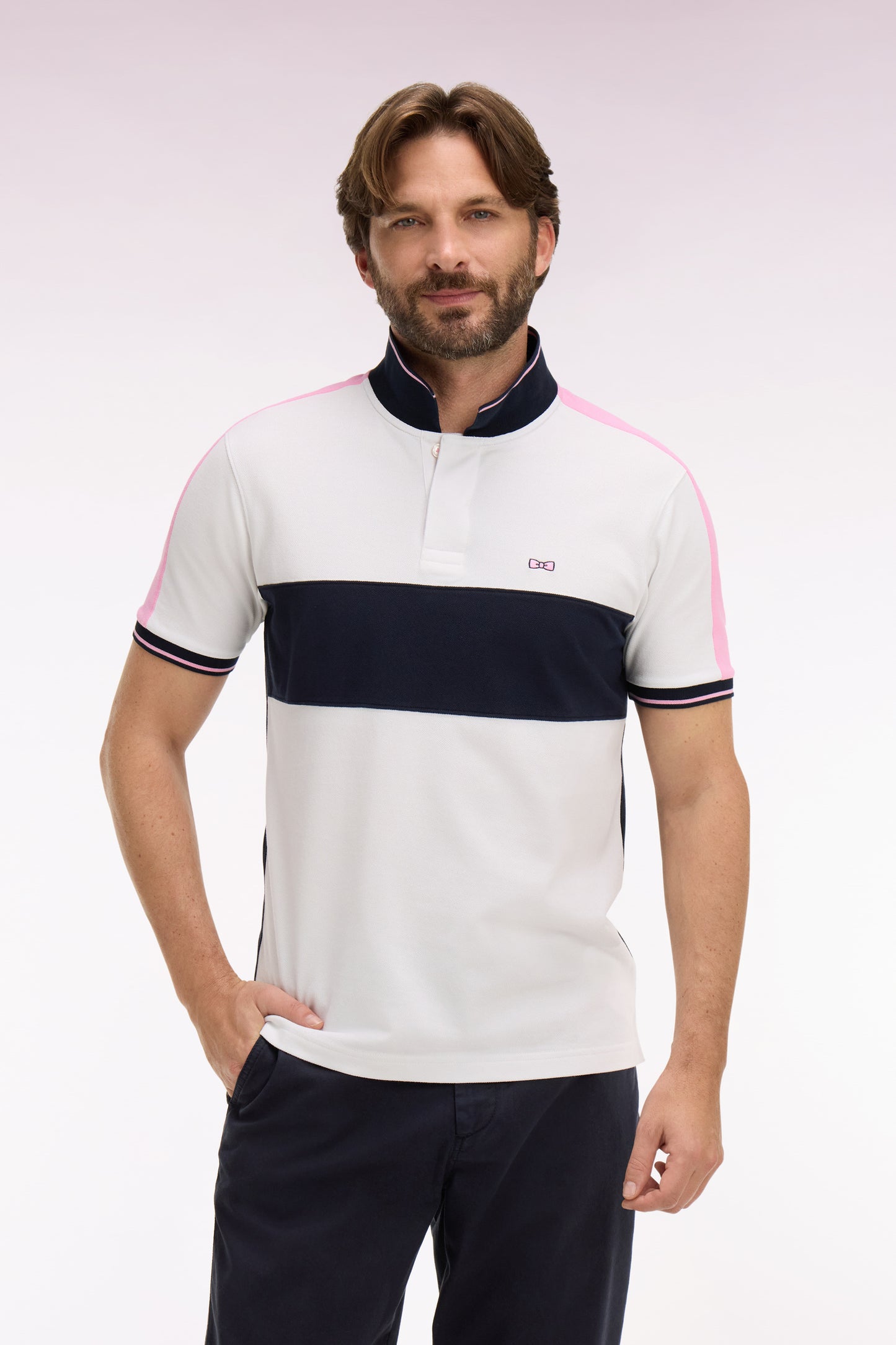 Short-sleeved white cotton piqué polo shirt cut and sewn