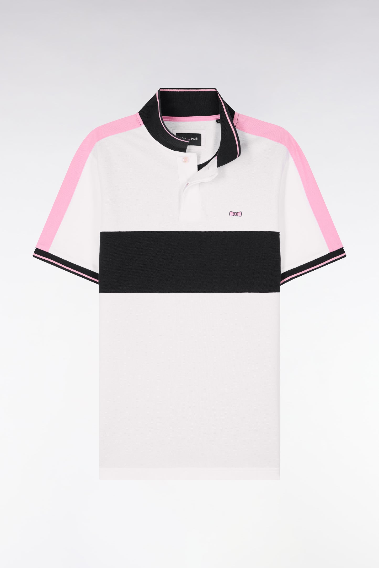Short-sleeved white cotton piqué polo shirt cut and sewn