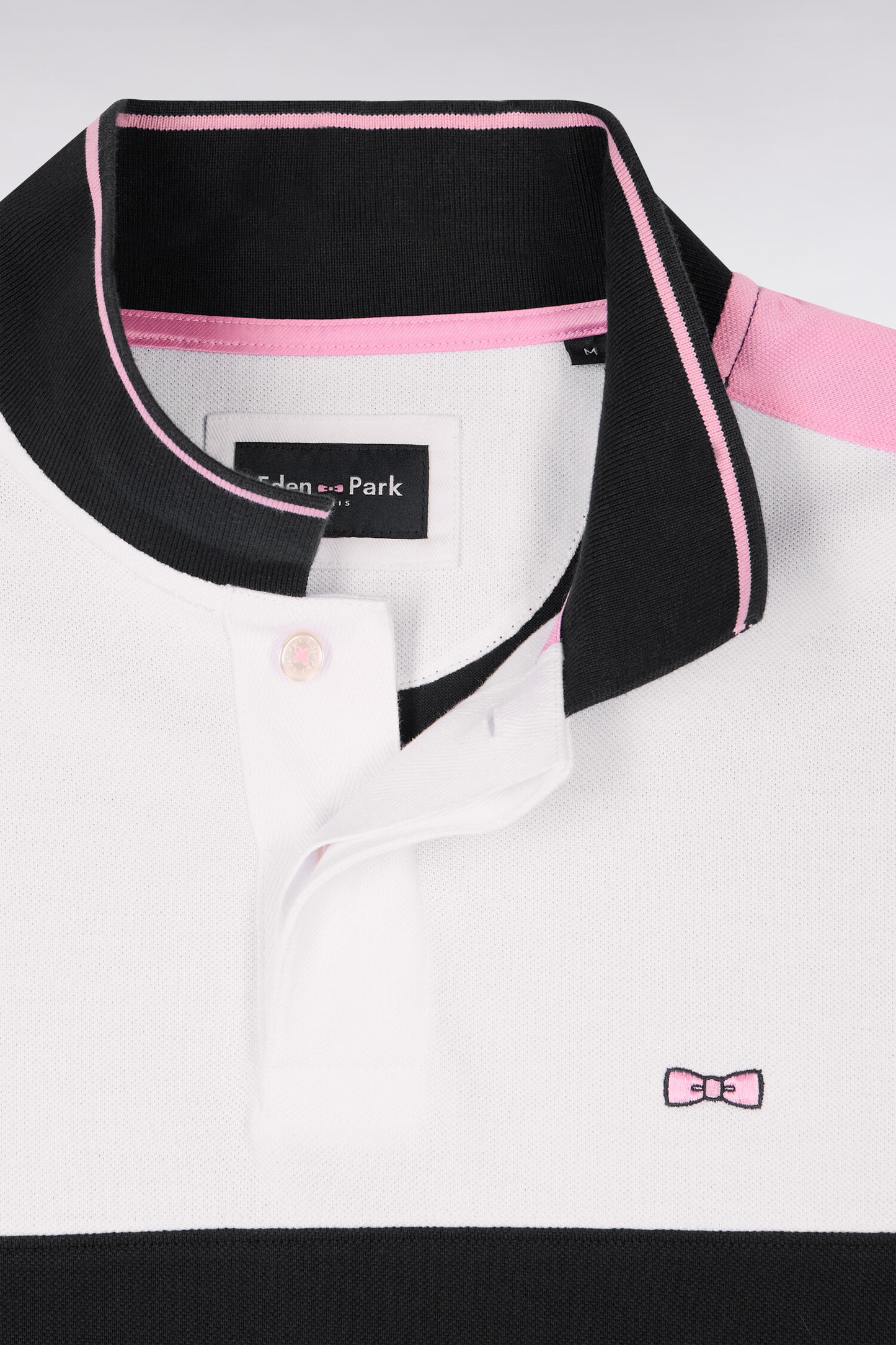 Short-sleeved white cotton piqué polo shirt cut and sewn