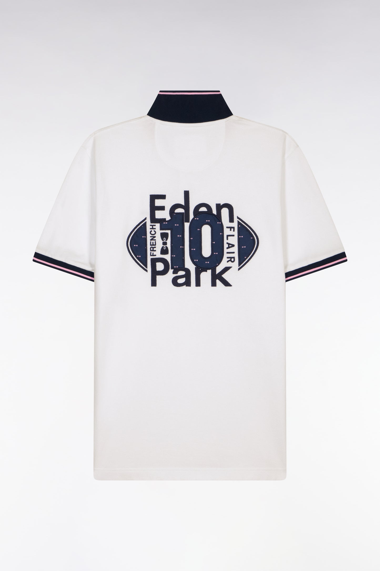 Short-sleeved polo shirt in white cotton pique with navy embroidery