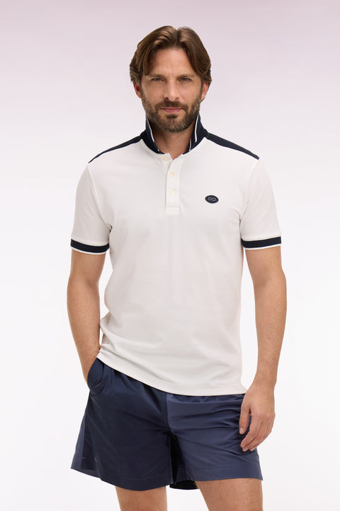 Polo à manches courtes en piqué coton blanc à découpes marine - Image 3