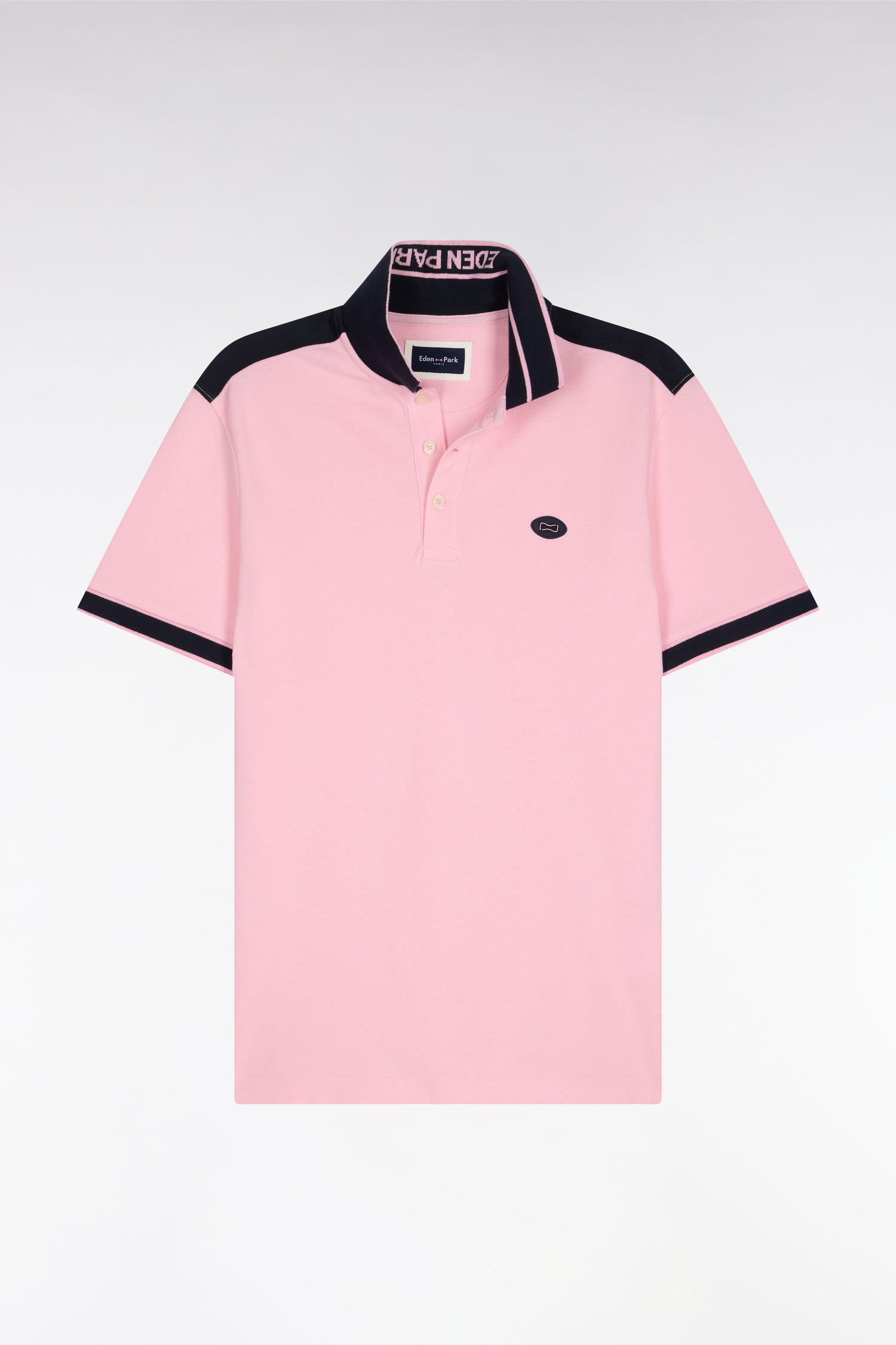 Polo à manches courtes en piqué coton rose à découpes marine