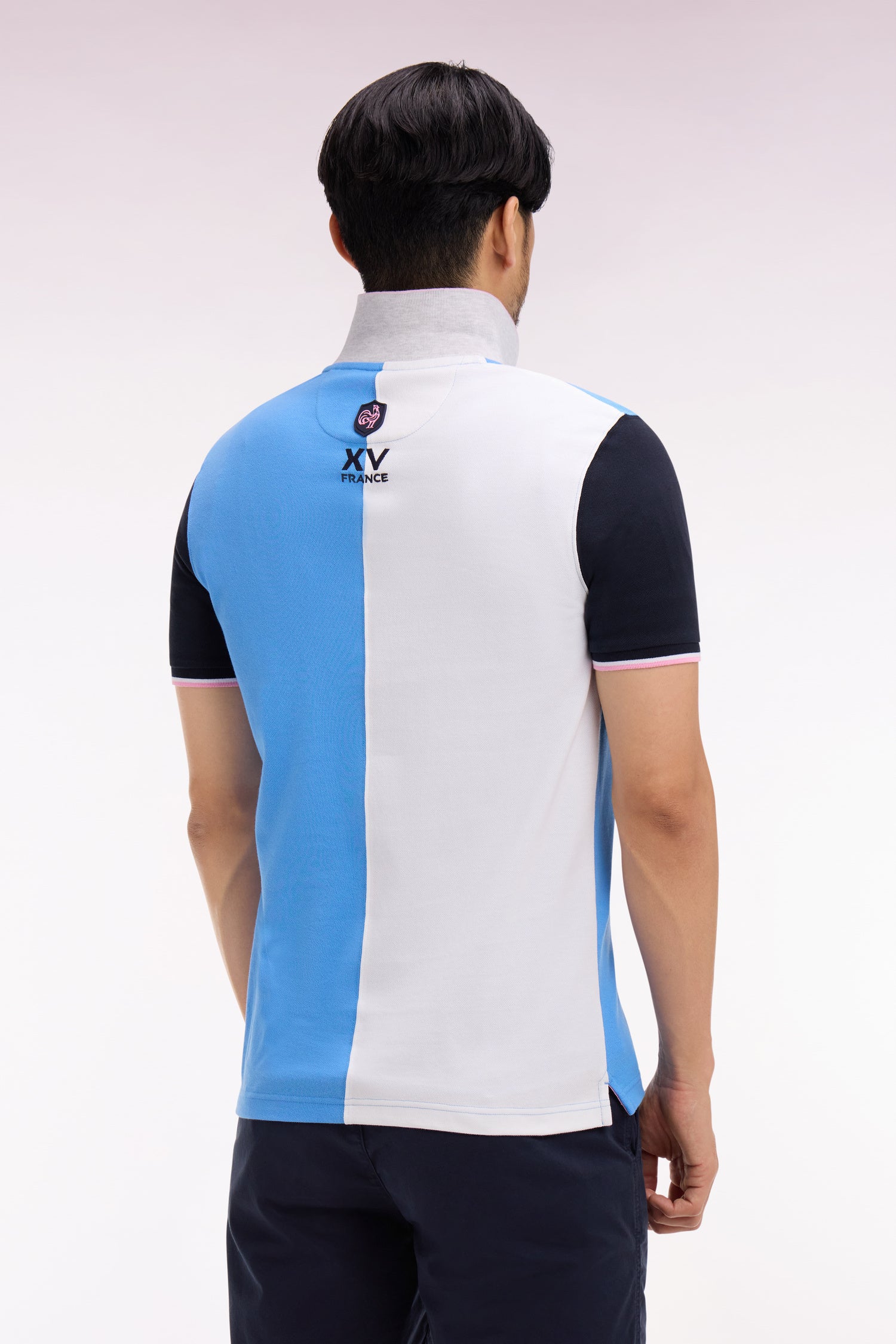 Polo à manches courtes XV de France en coton bleu à découpes verticales