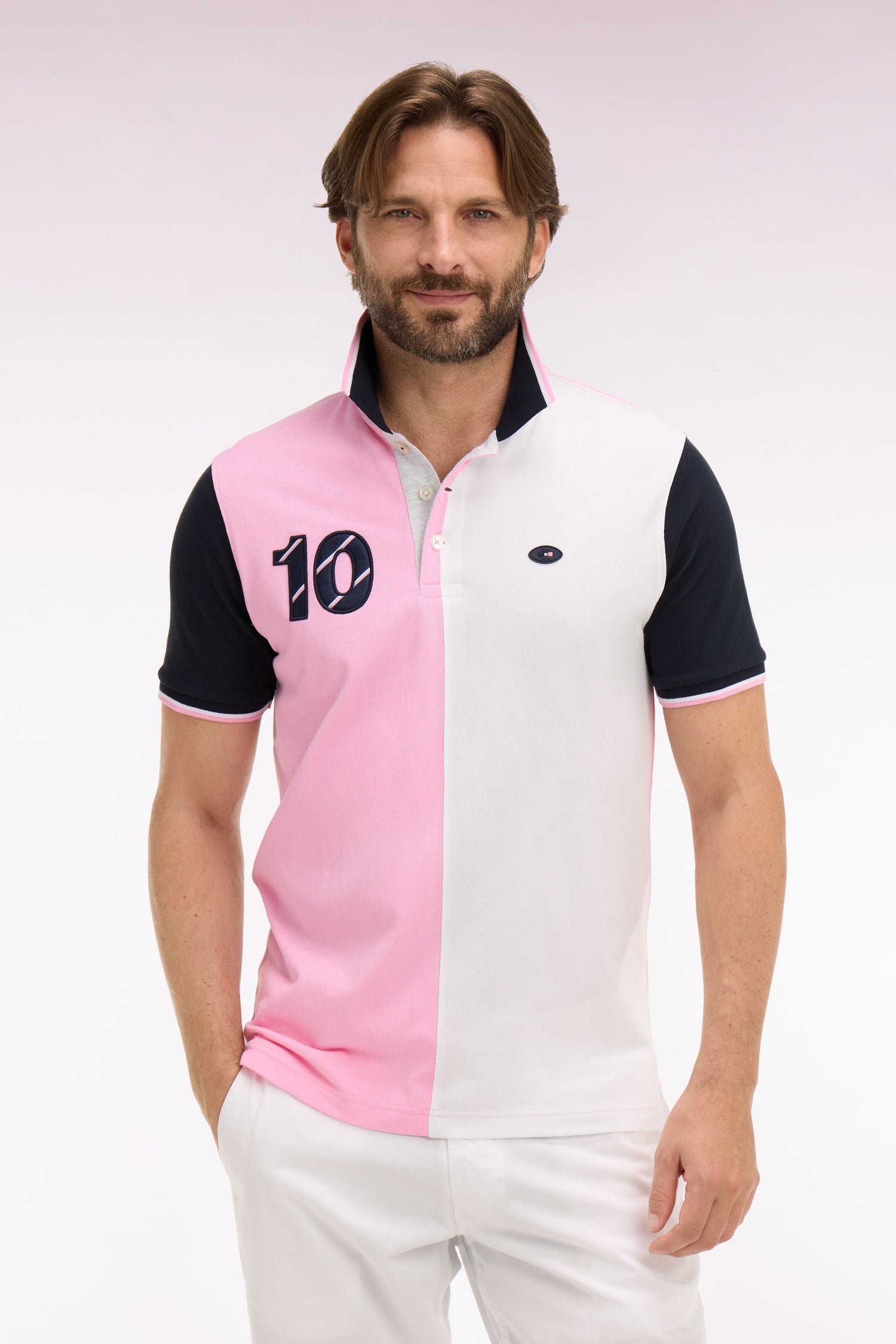 Polo à manches courtes XV de France en coton rose à découpes cadran