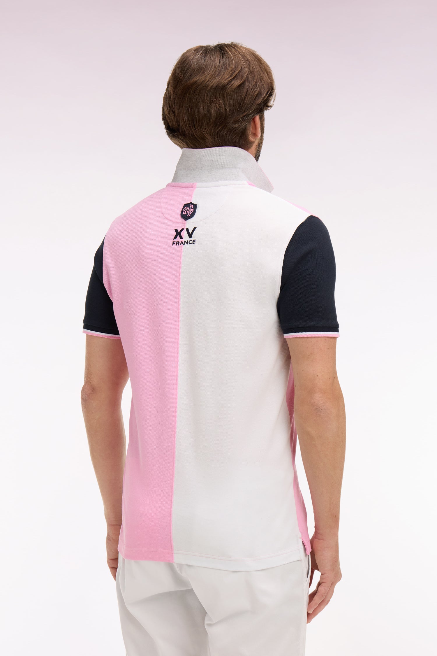 Polo à manches courtes XV de France en coton rose à découpes cadran