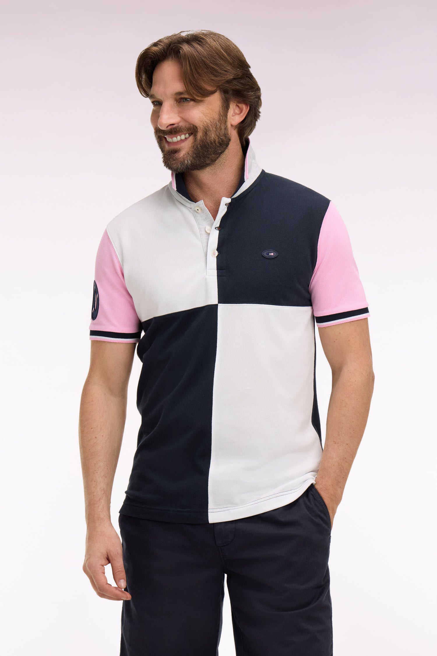 Polo à manches courtes XV de France en coton rose à découpes cadran