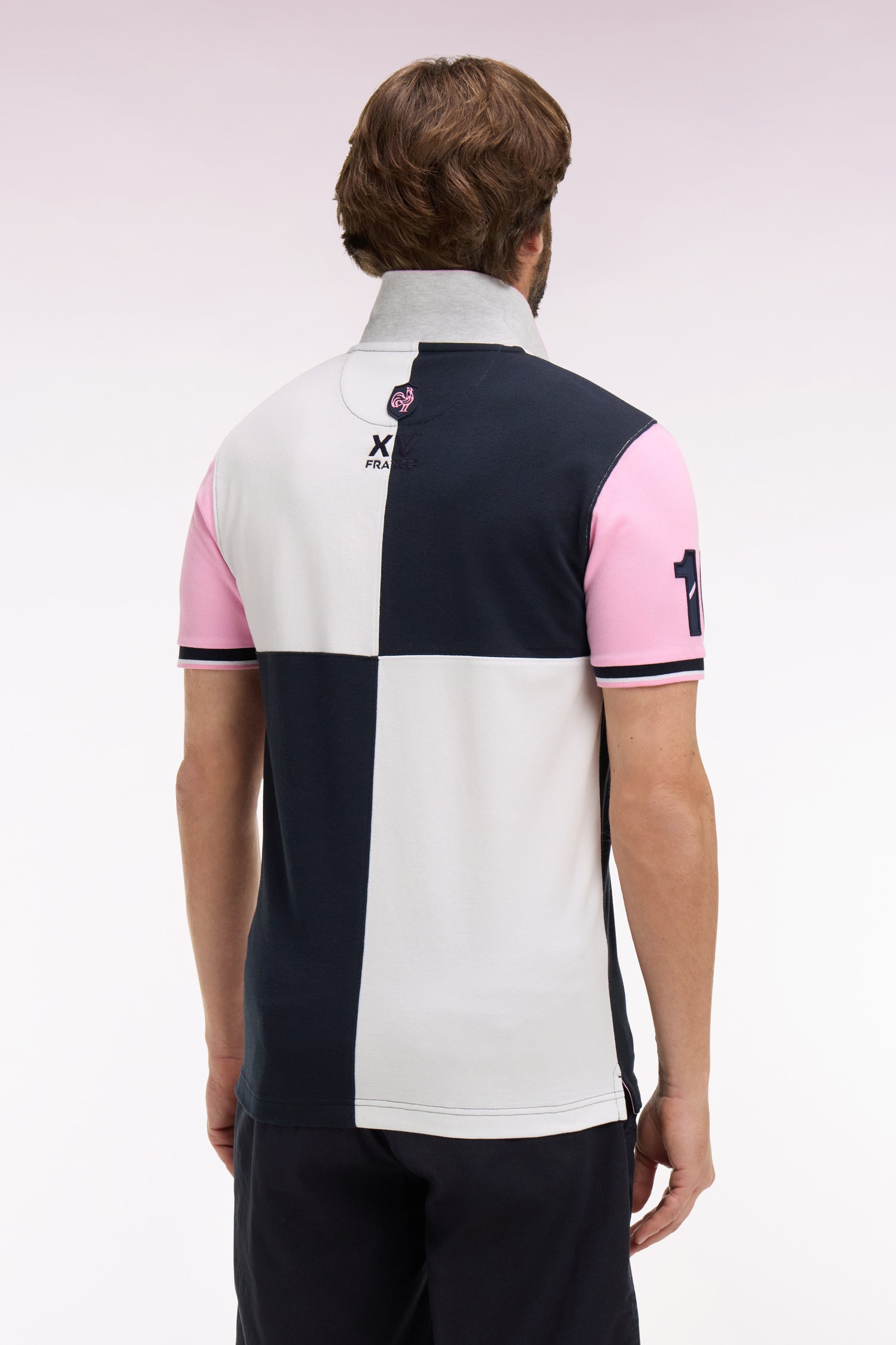 Polo à manches courtes XV de France en coton rose à découpes cadran