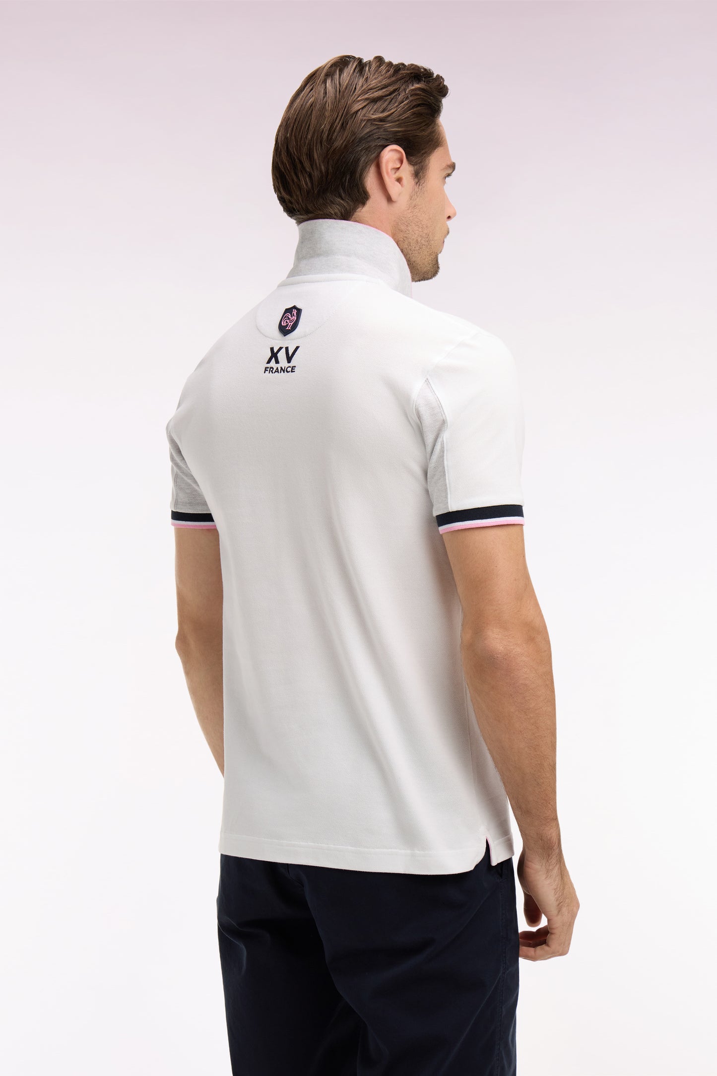 Polo à manches courtes XV de France en piqué coton blanc découpes marine