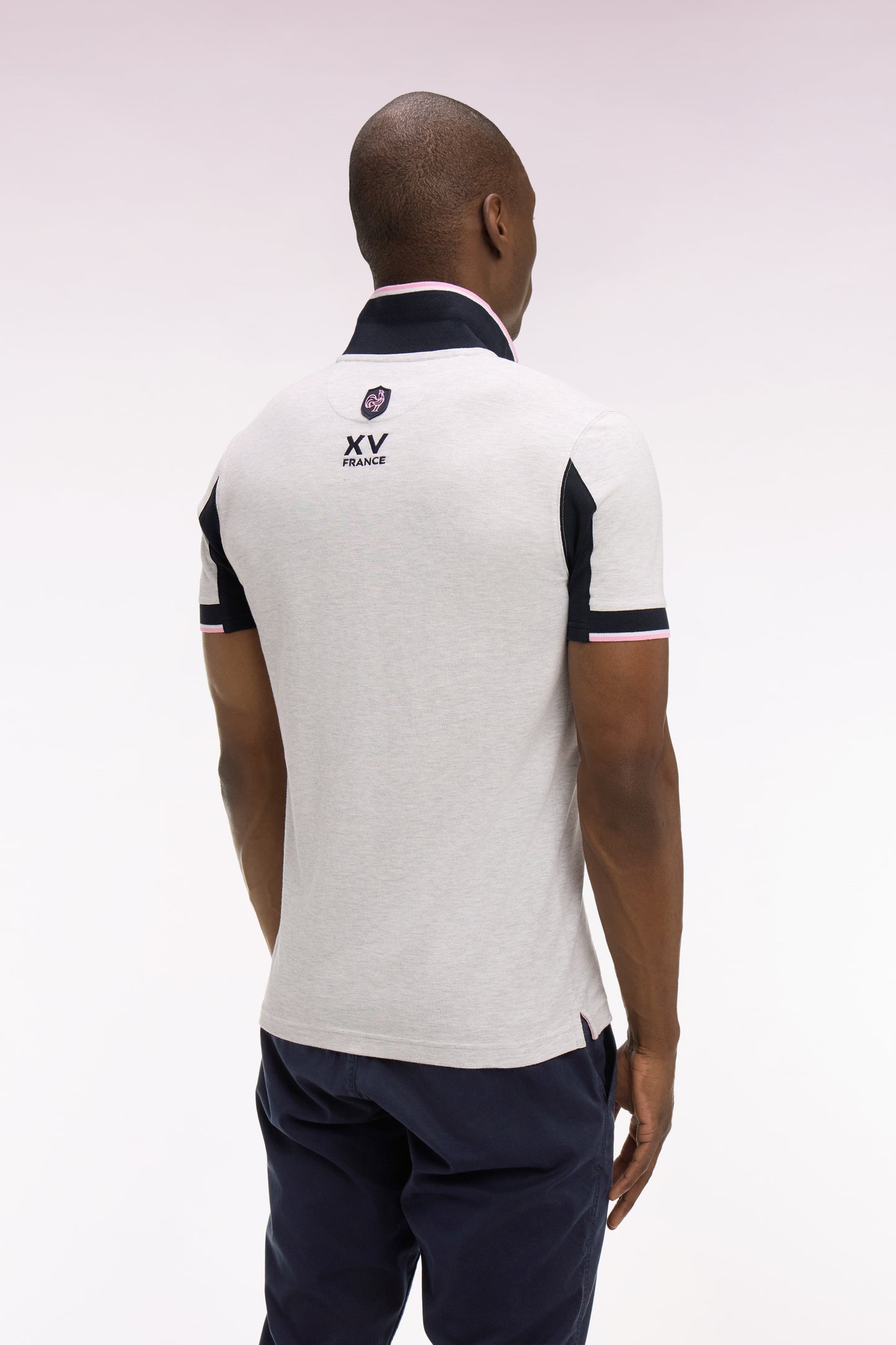 XV de France short-sleeved polo shirt in light gray cotton pique with cut-out sleeves
