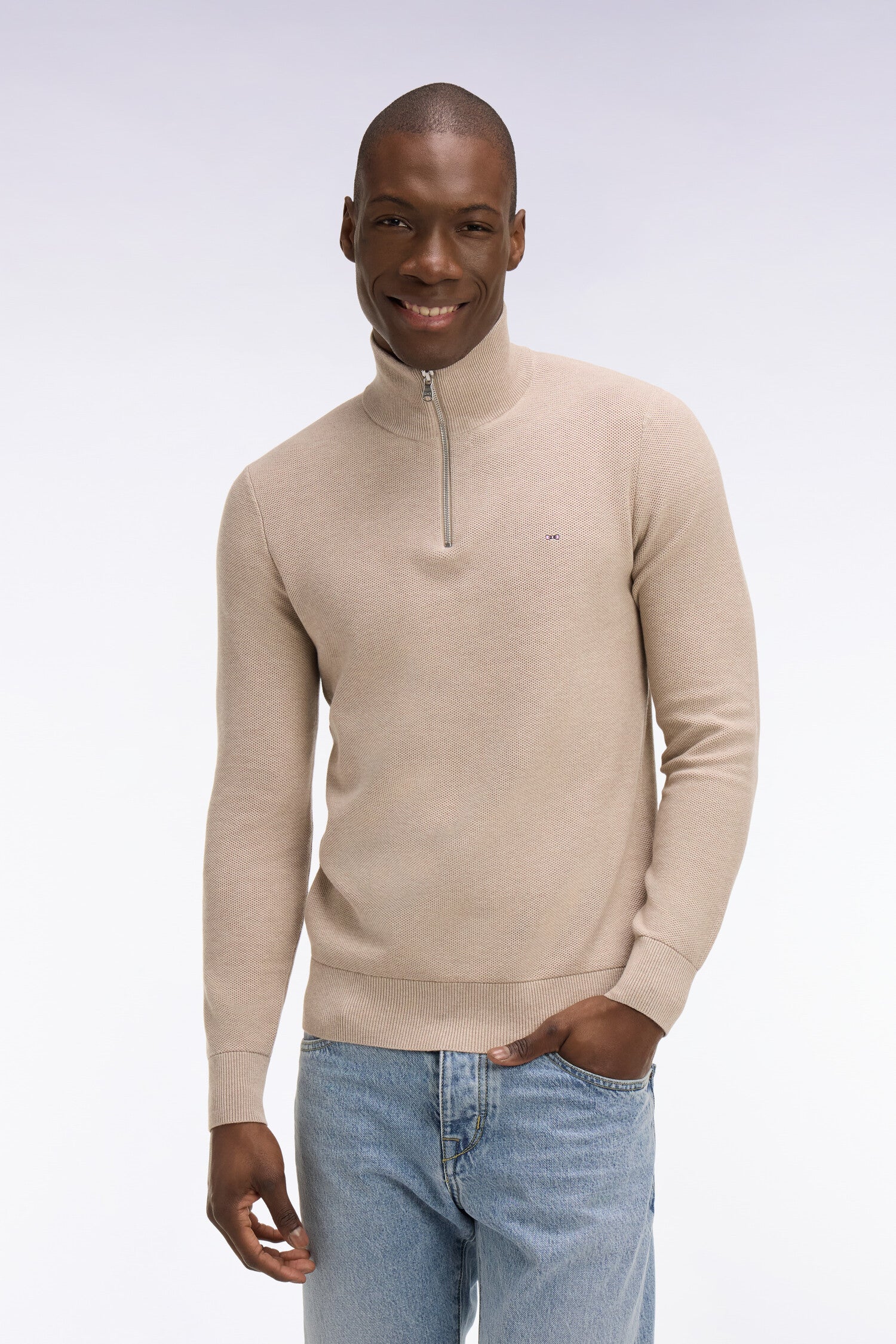 Pull col camionneur en coton beige