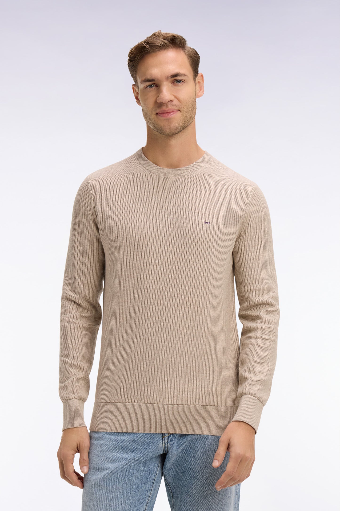 Pull col rond en coton beige