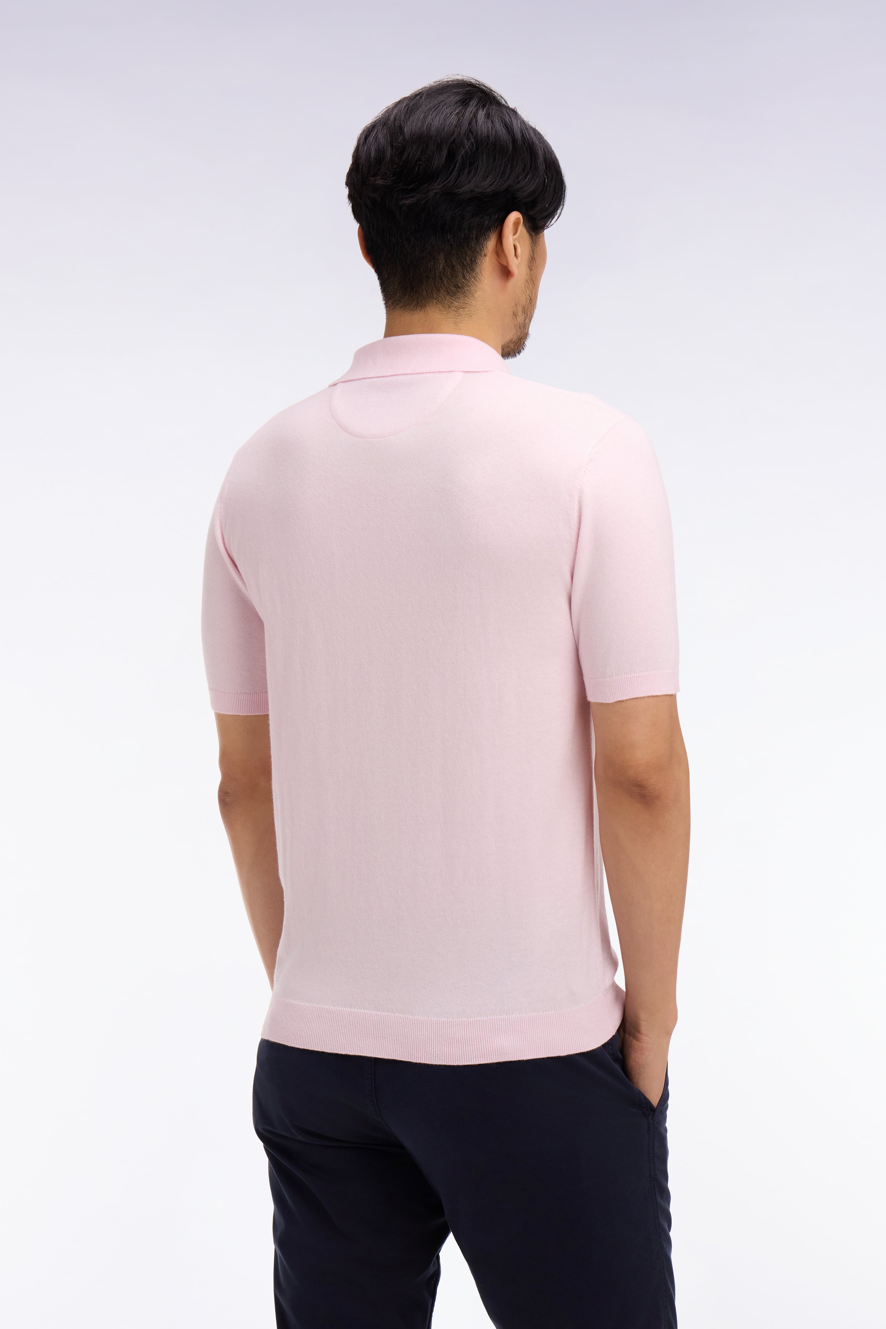 Pull manches courtes col polo en coton et soie mélangés rose