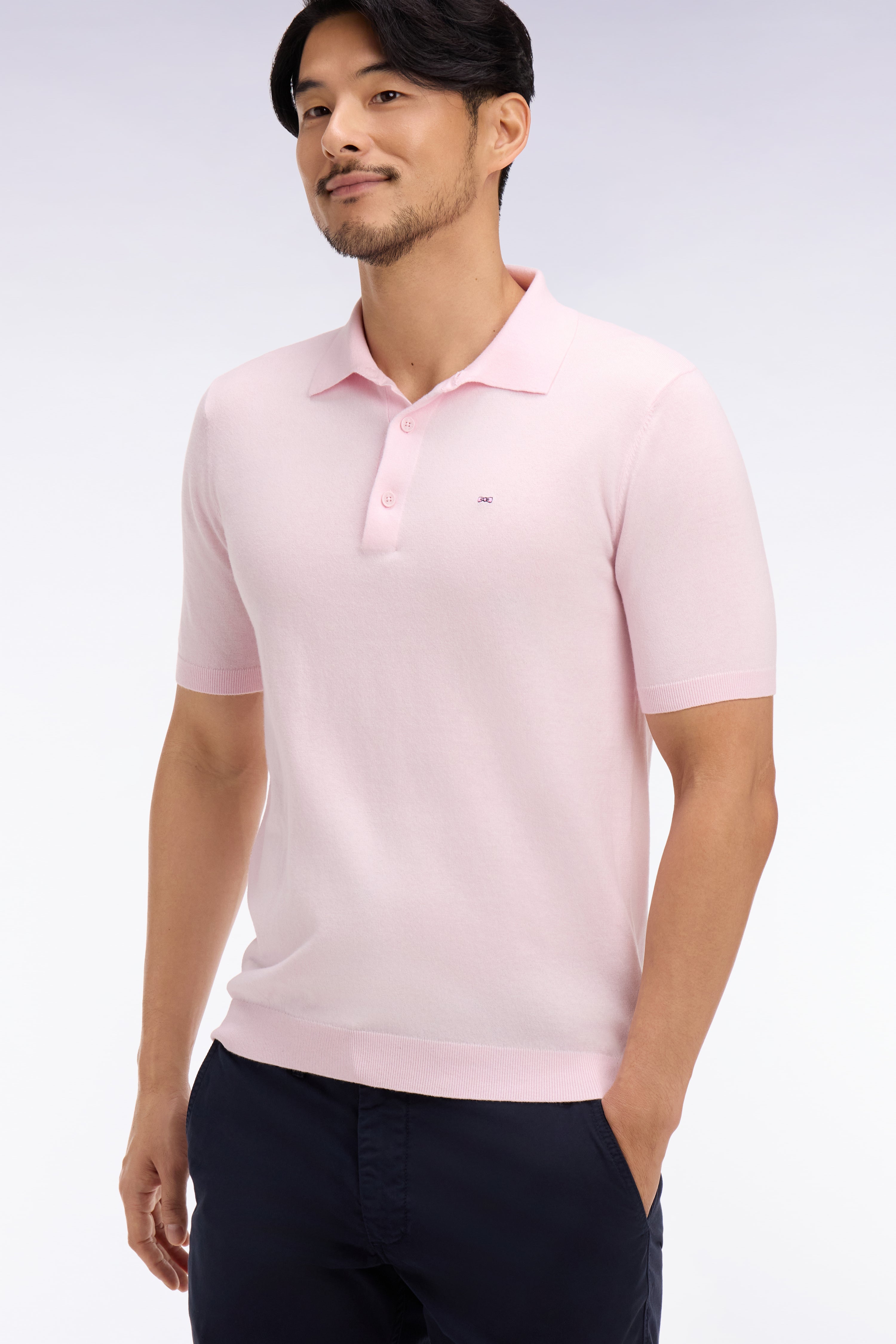 Pull manches courtes col polo en coton et soie mélangés rose