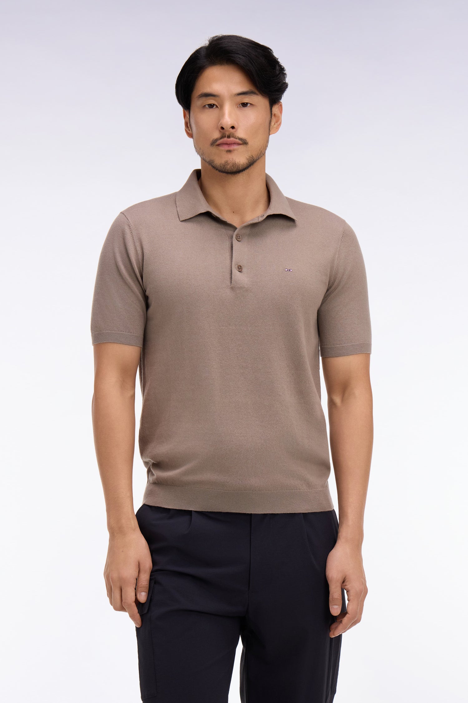 Pull manches courtes col polo en coton et soie mélangés beige