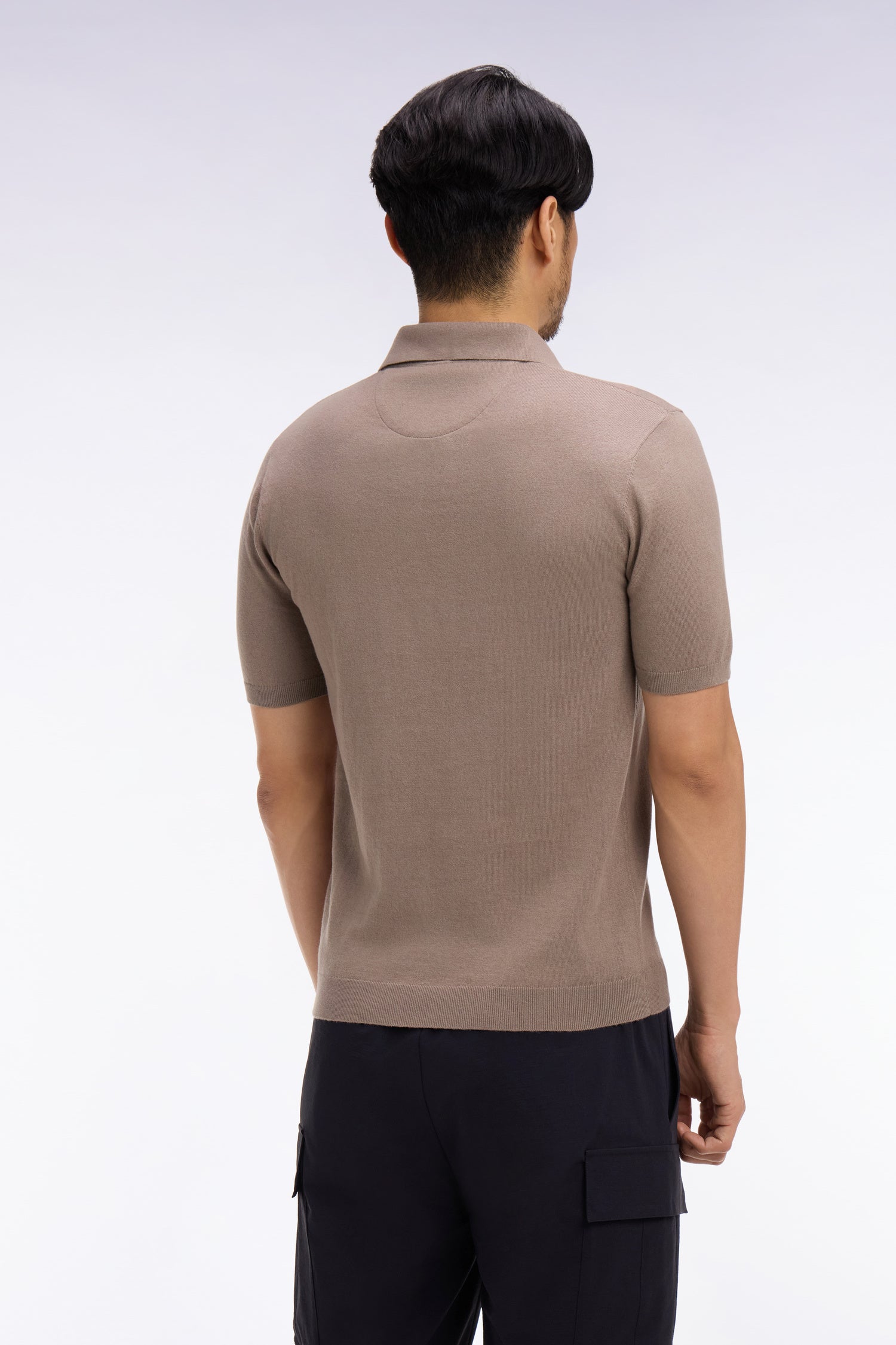 Pull manches courtes col polo en coton et soie mélangés beige