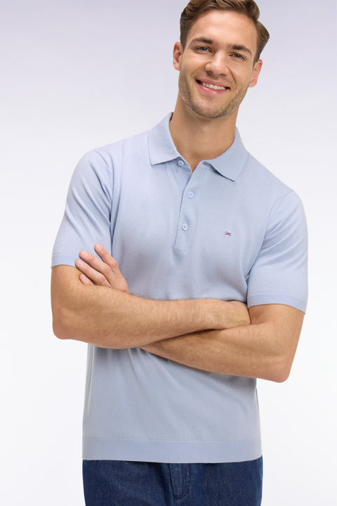 Pull manches courtes col polo en coton et soie mélangés bleu ciel - Image 1