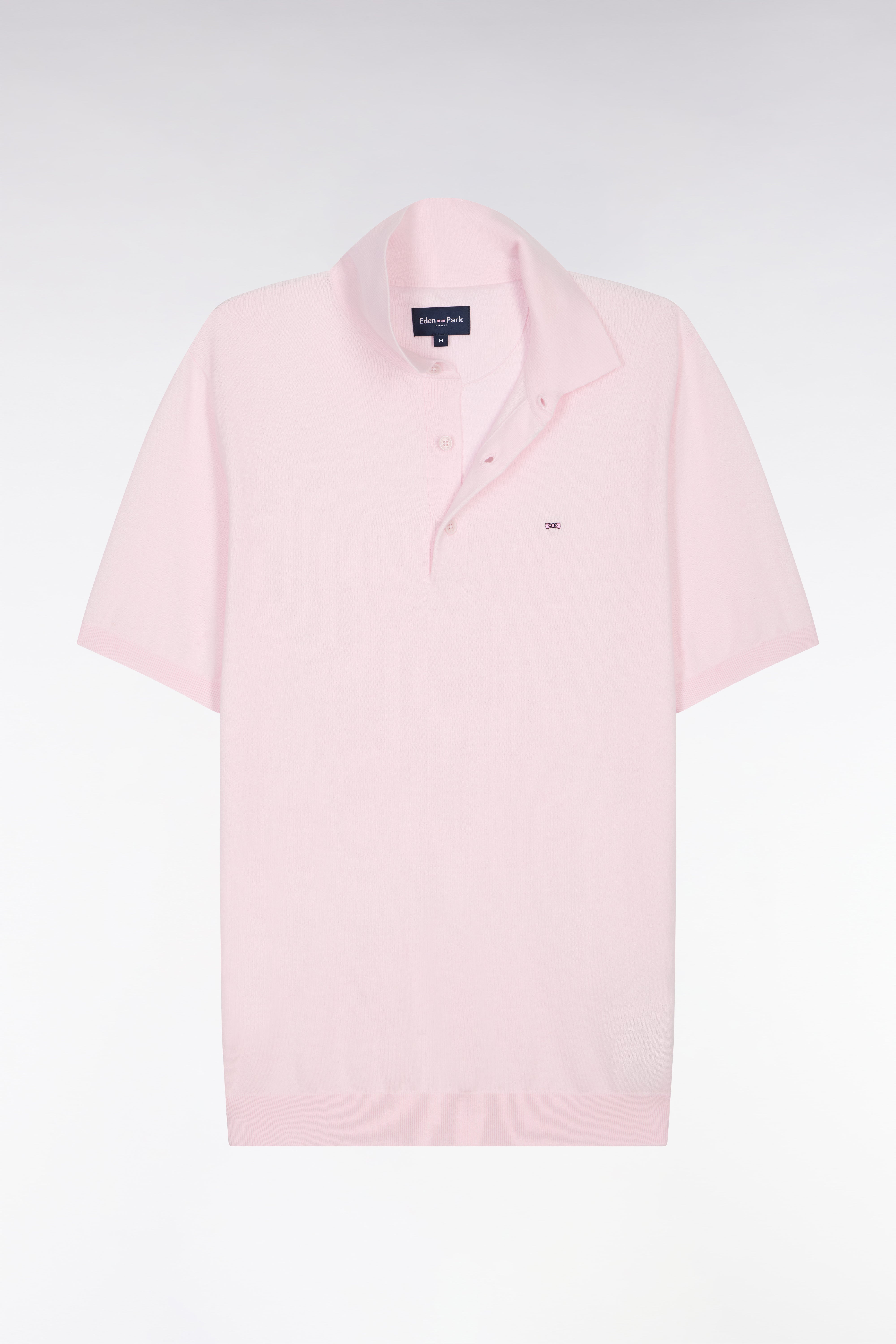 Pull manches courtes col polo en coton et soie mélangés rose
