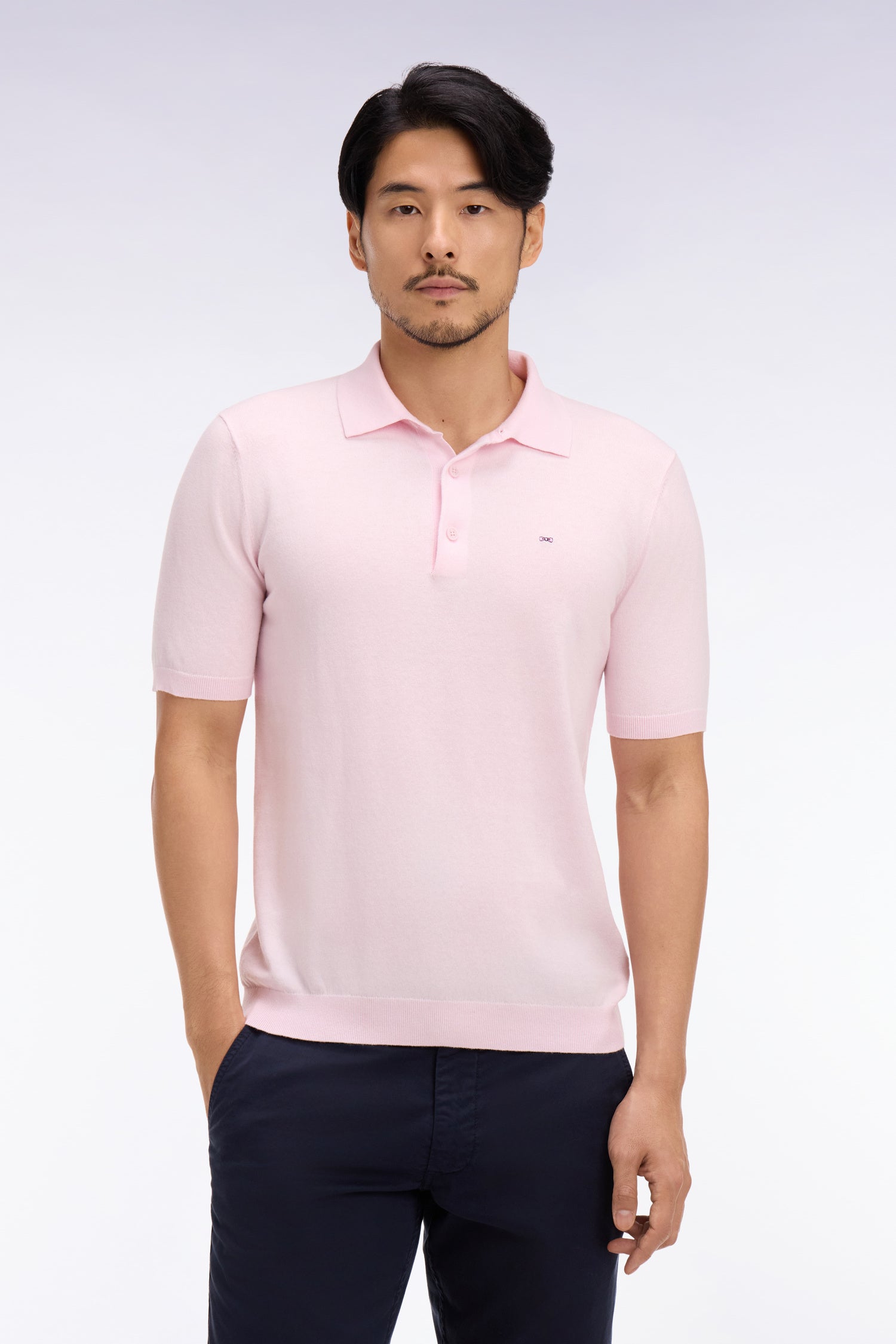 Pull manches courtes col polo en coton et soie mélangés rose