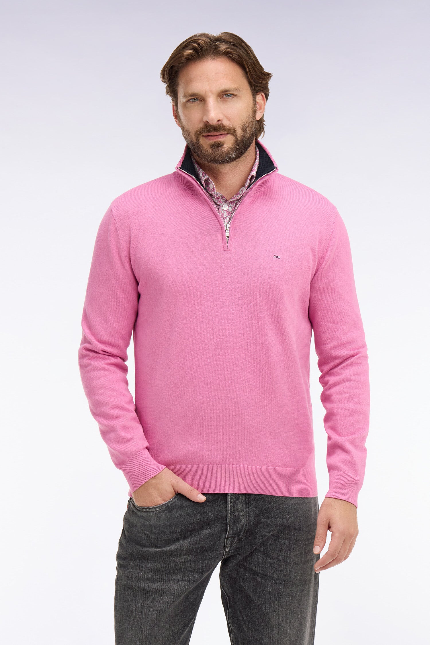 Pull col camionneur en coton rose