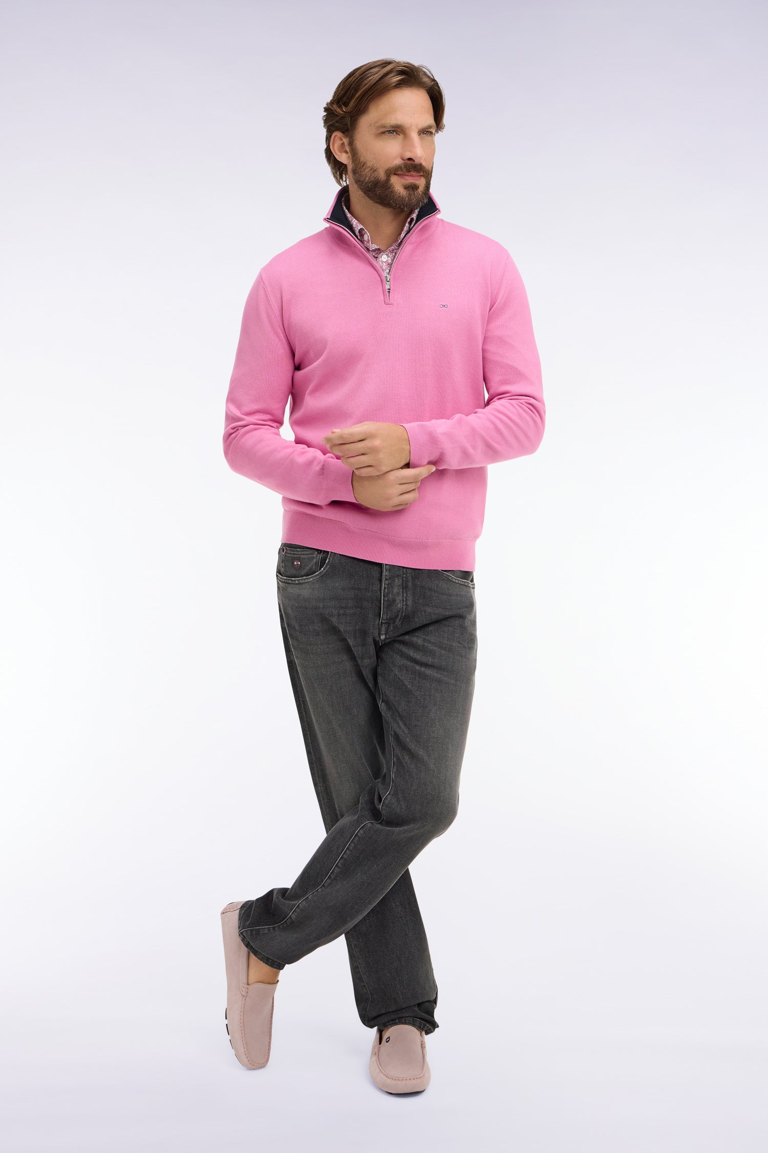 Pull col camionneur en coton rose