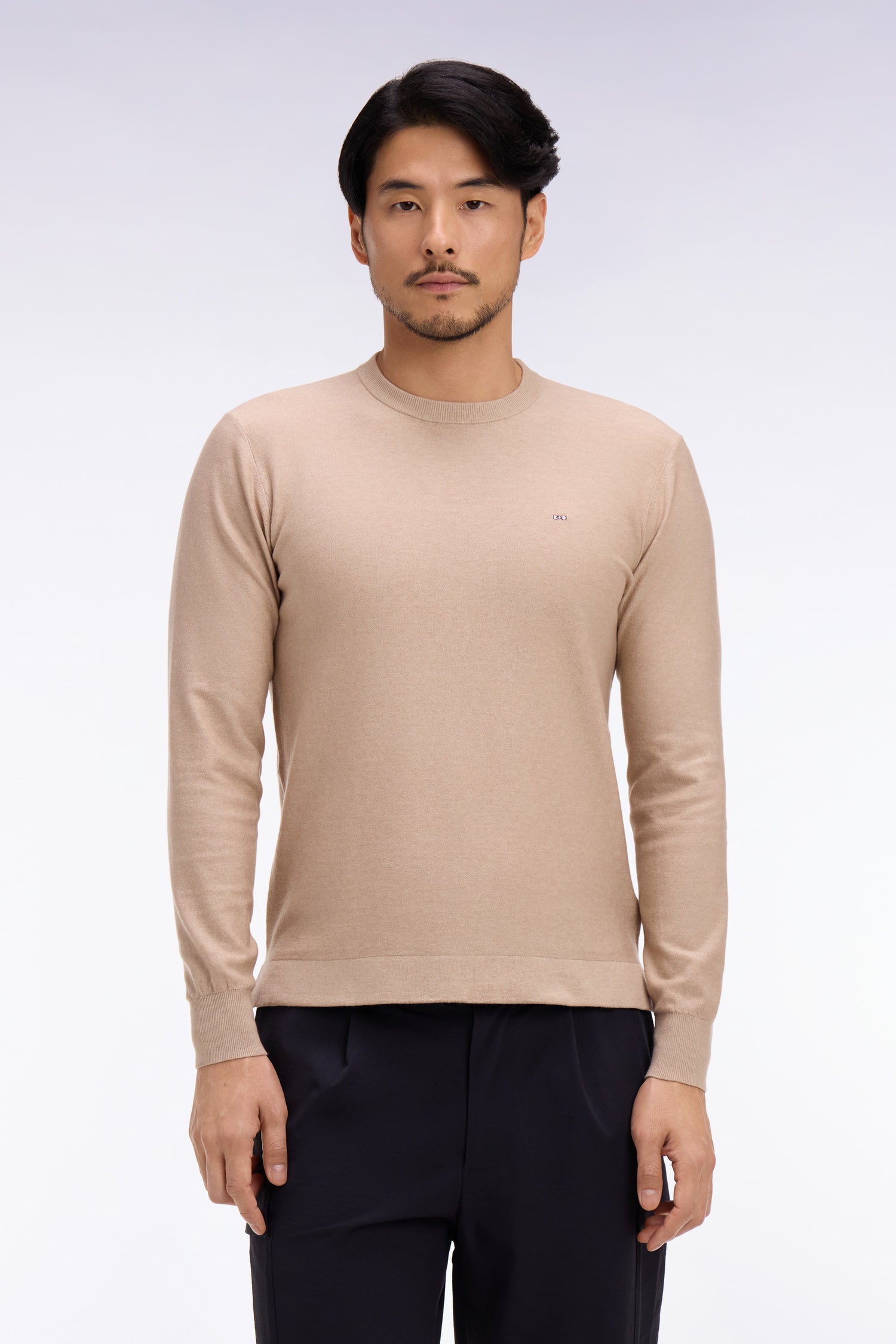 Pull col rond en coton et lyocell mélangés beige