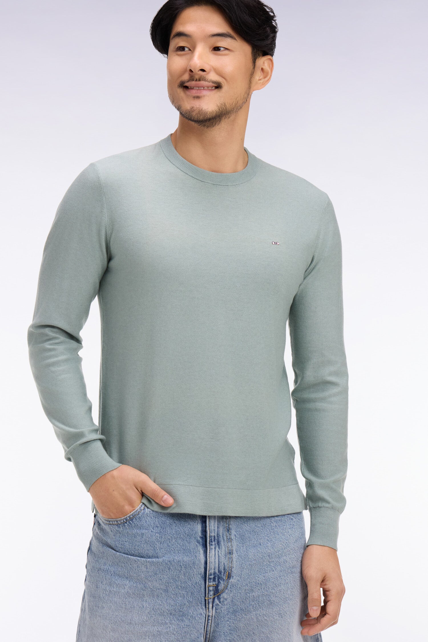 jersey cuello redondo en algodón y lyocell mélangés verde agua
