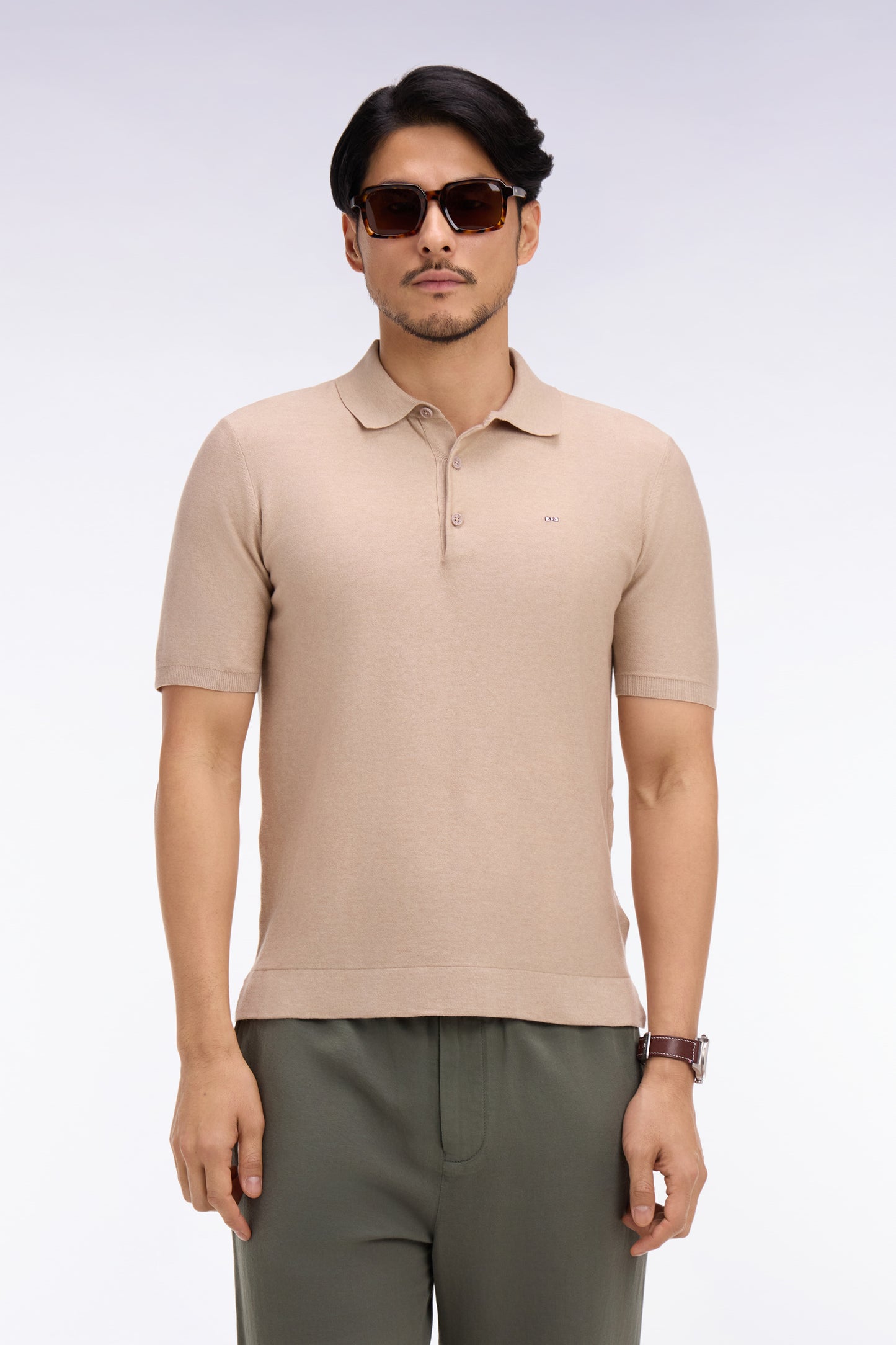 Short-sleeved polo collar sweater in beige cotton and lyocell blend