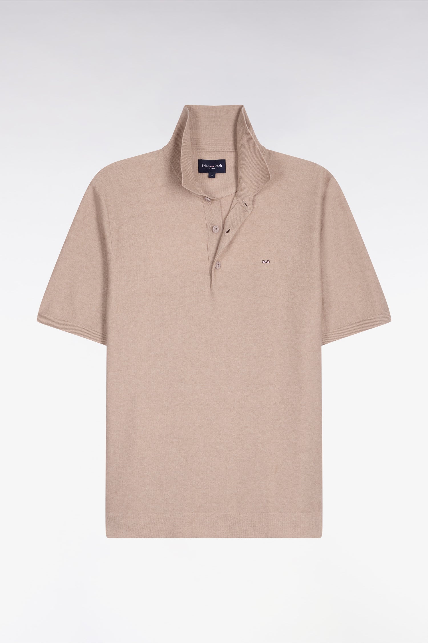 Pull manches courtes à col polo en coton et lyocell mélangés beige