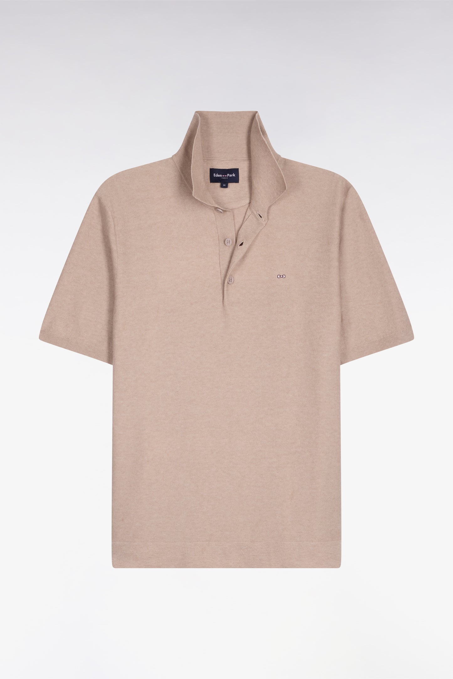 Short-sleeved polo collar sweater in beige cotton and lyocell blend