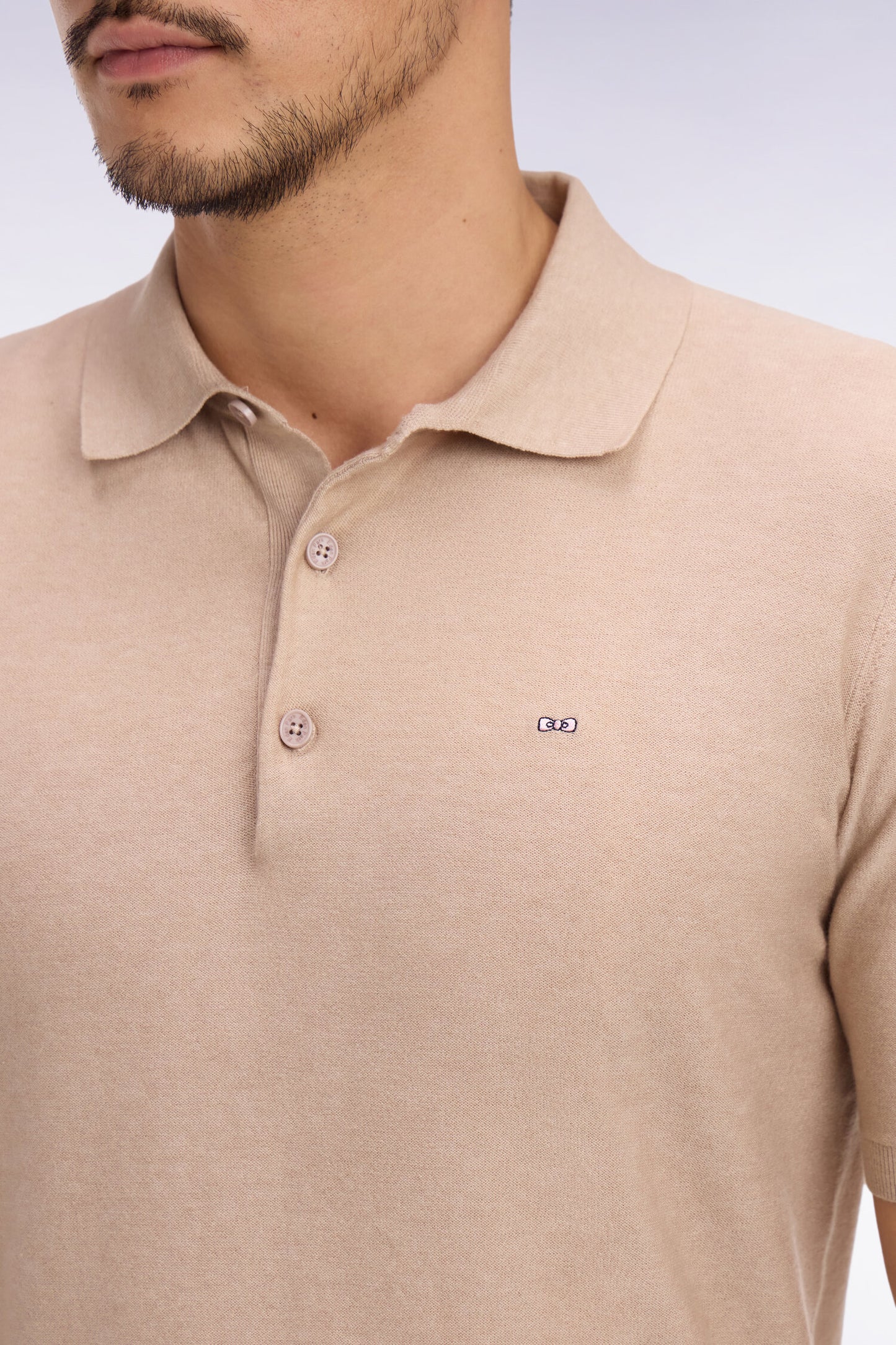 Short-sleeved polo collar sweater in beige cotton and lyocell blend
