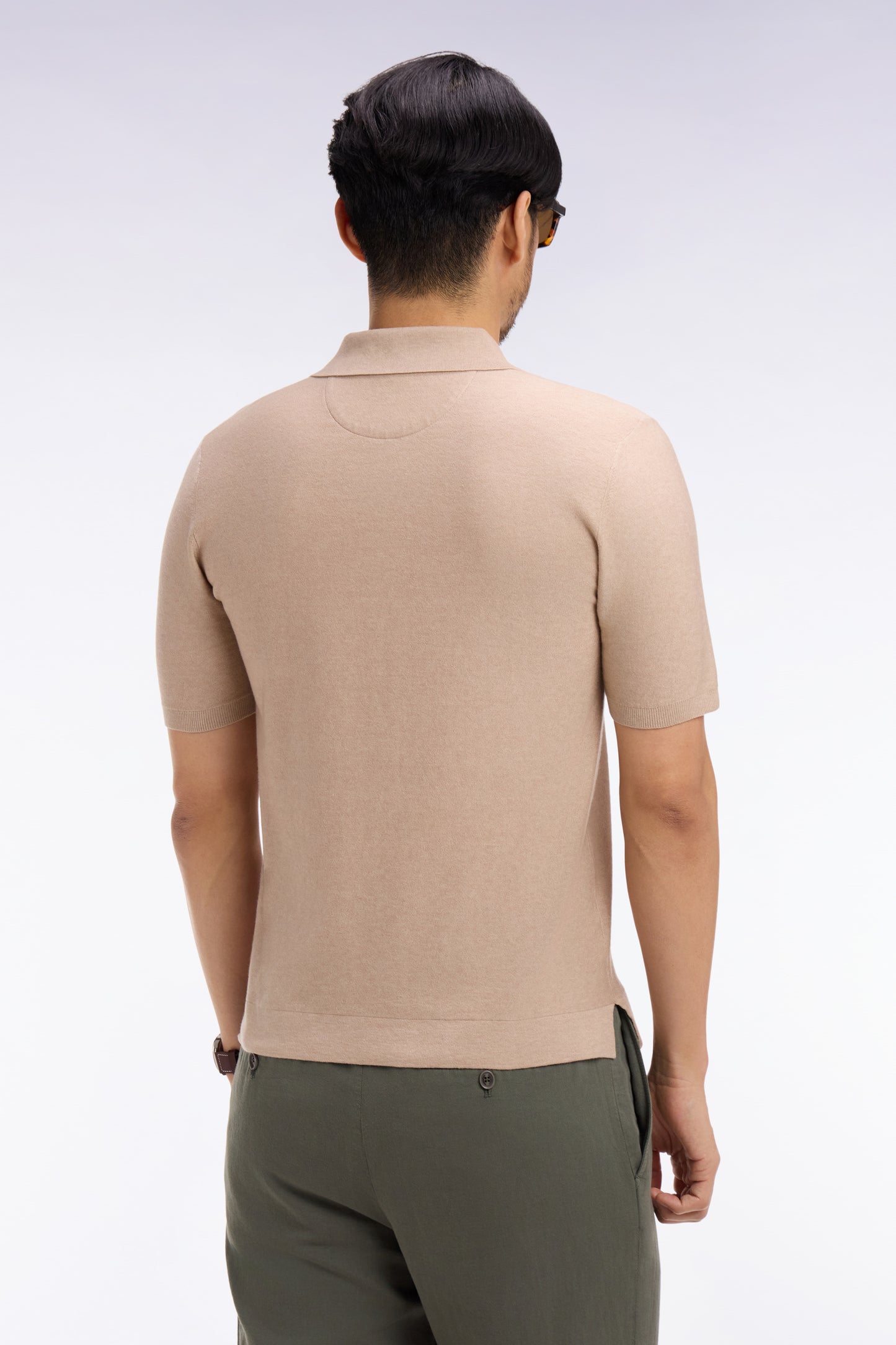 Short-sleeved polo collar sweater in beige cotton and lyocell blend