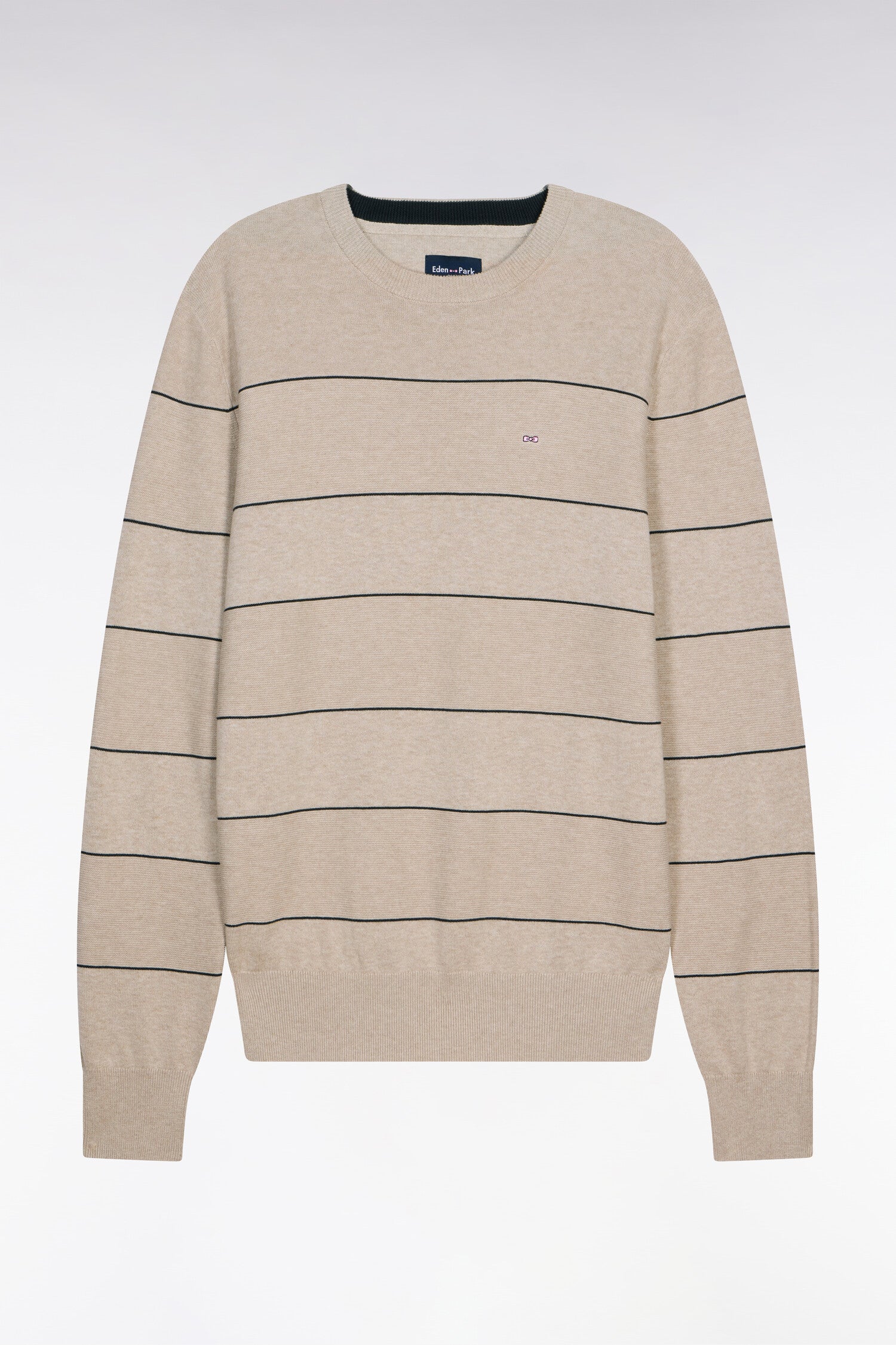 Pull col rond en coton beige rayé
