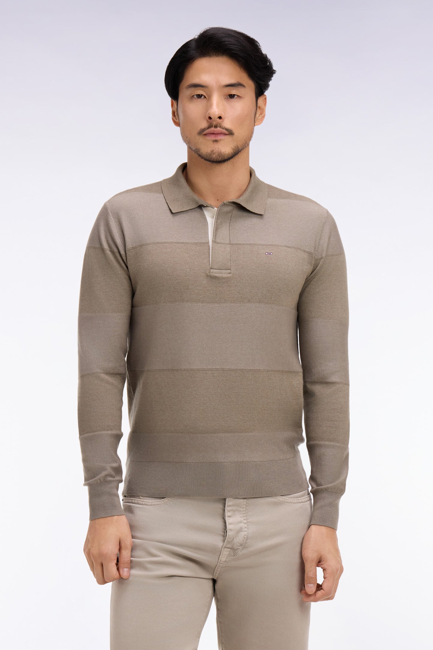 Striped jersey collar sweater in beige cotton and lyocell blend