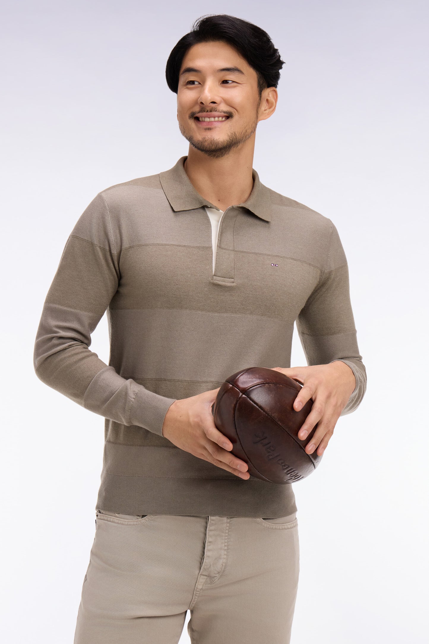 Striped jersey collar sweater in beige cotton and lyocell blend