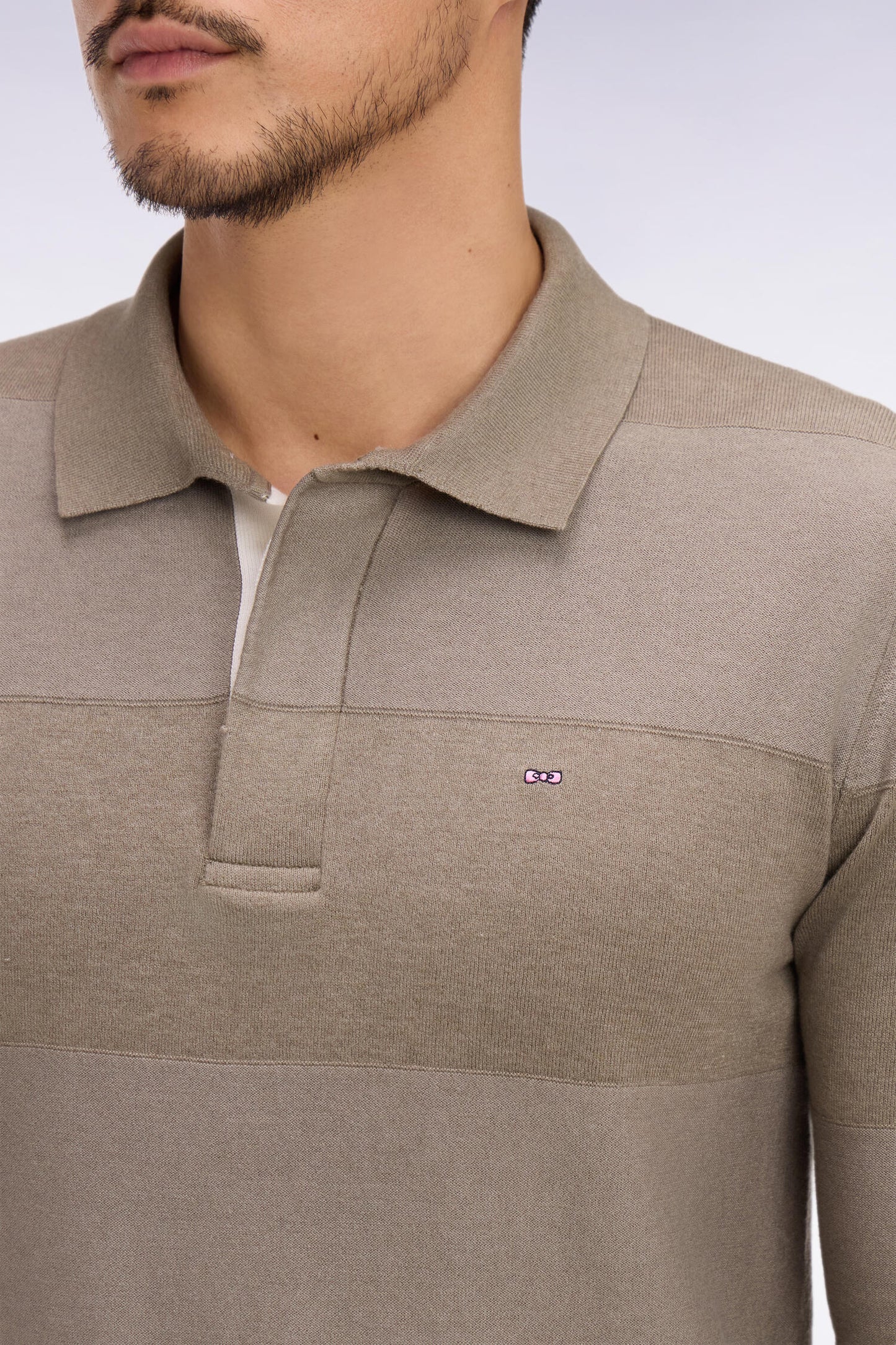 Striped jersey collar sweater in beige cotton and lyocell blend