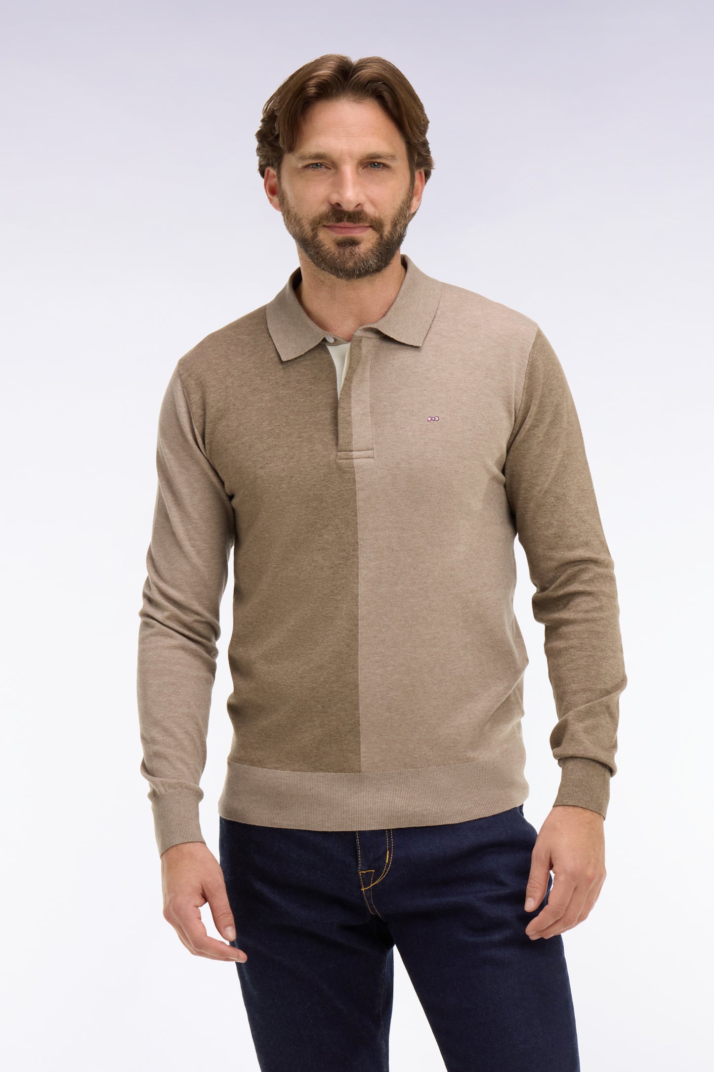 Beige cotton and lyocell blend sweater with jersey collar