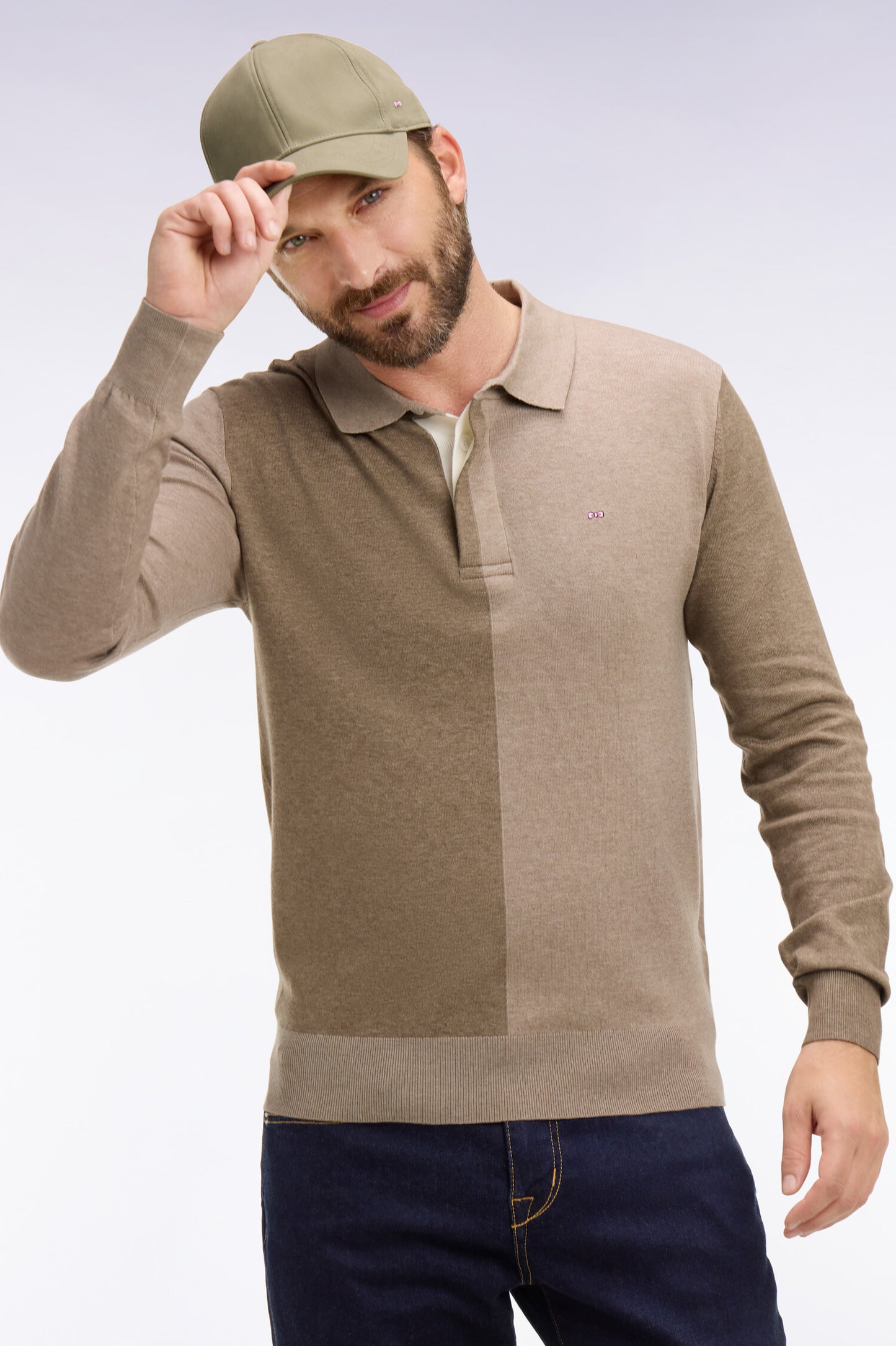 Beige cotton and lyocell blend sweater with jersey collar