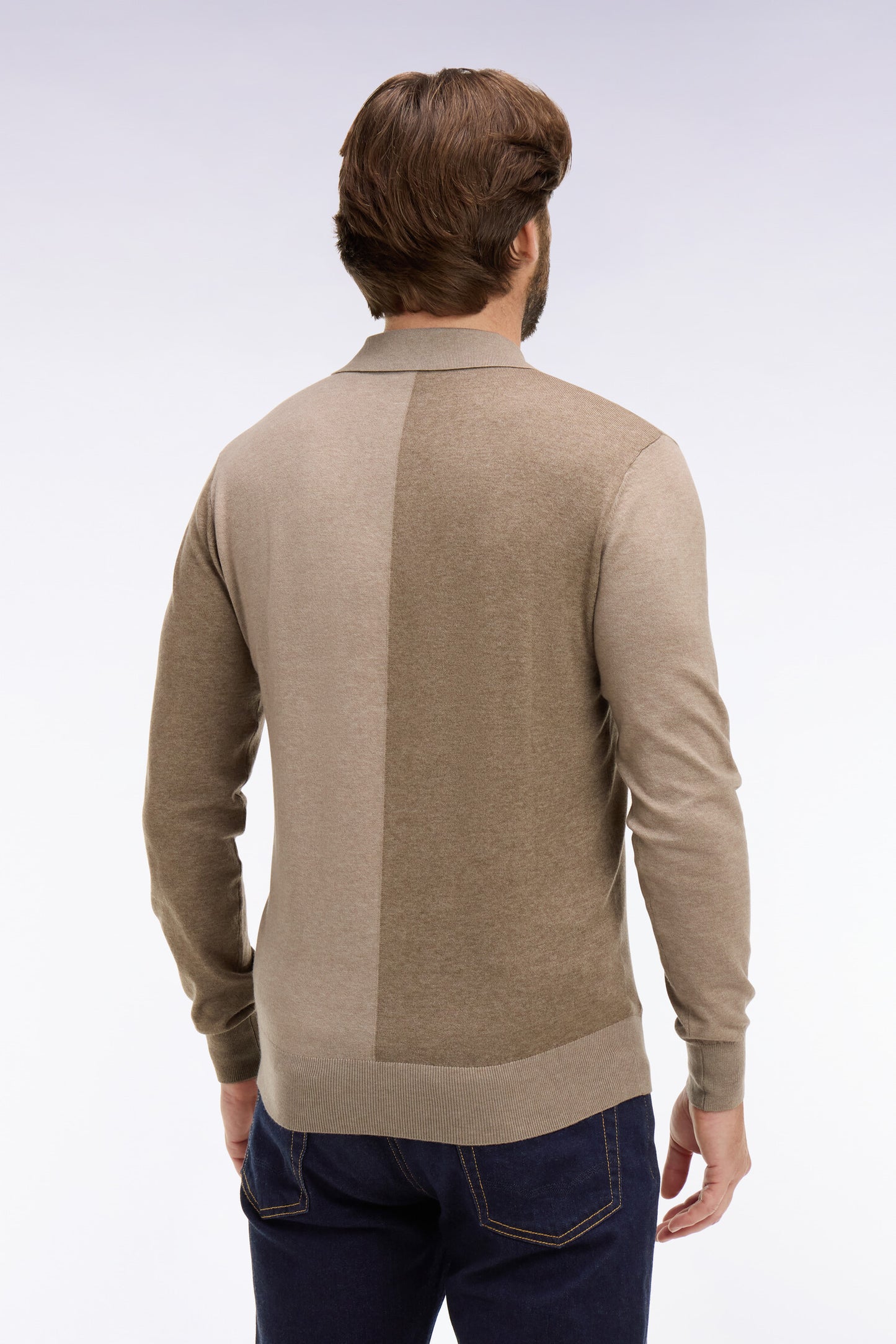 Beige cotton and lyocell blend sweater with jersey collar