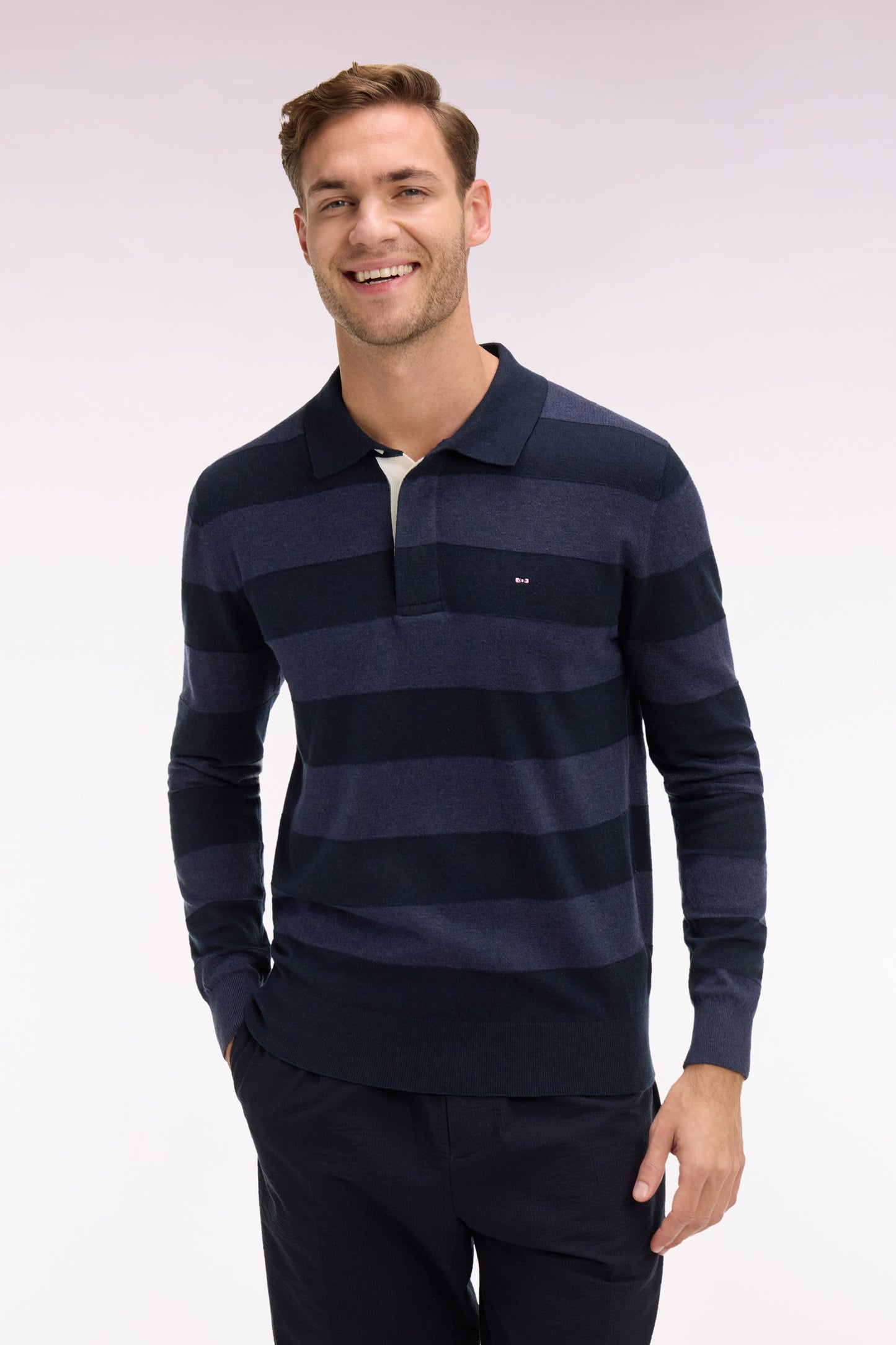 Navy cotton and lyocell blend striped jersey collar sweater