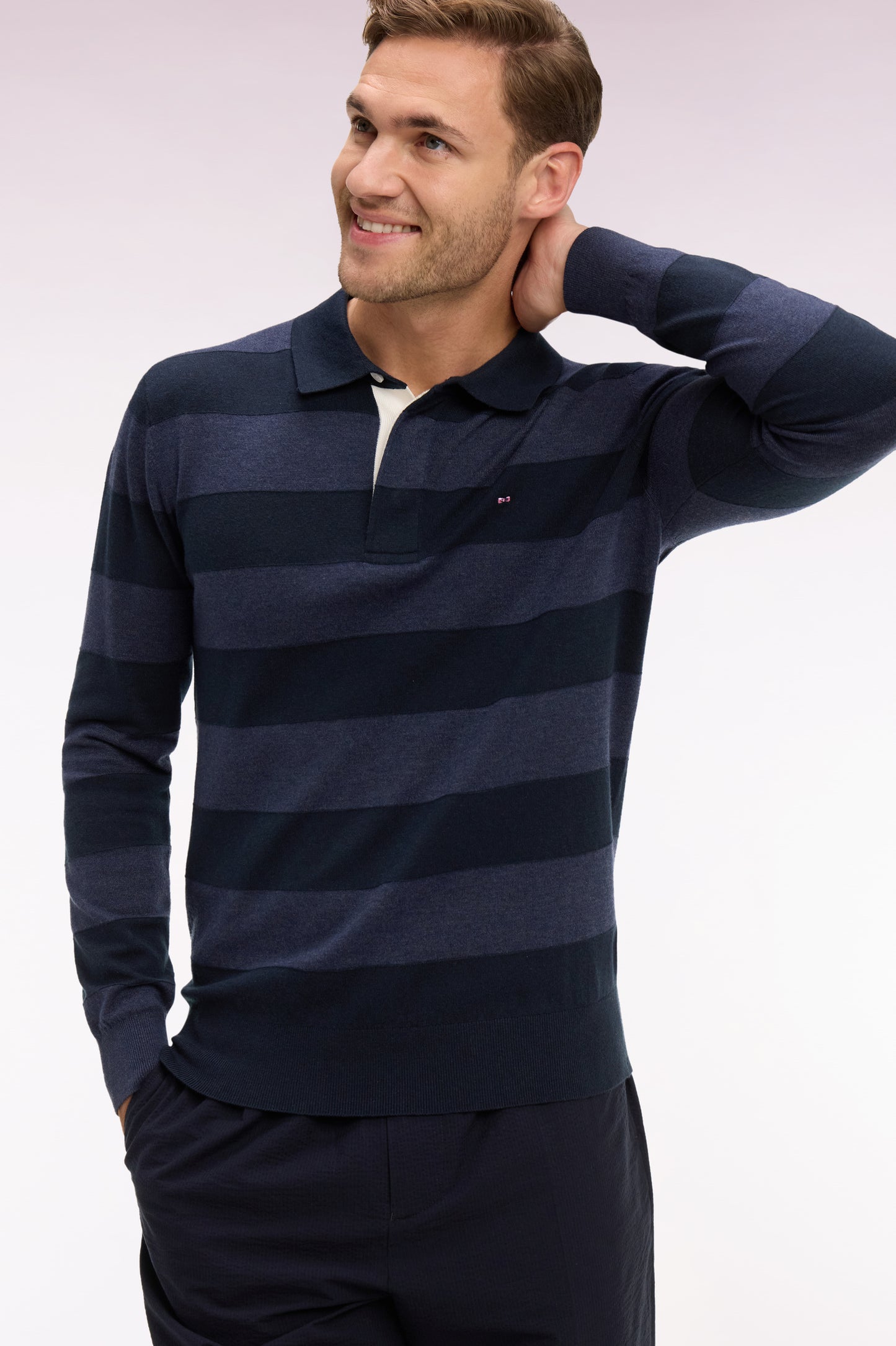 Navy cotton and lyocell blend striped jersey collar sweater