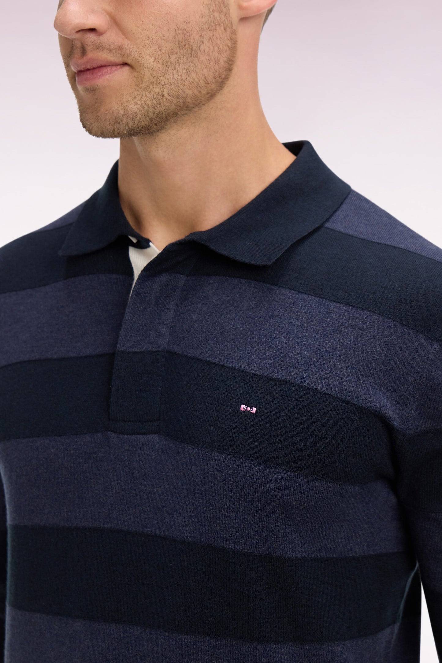 Navy cotton and lyocell blend striped jersey collar sweater