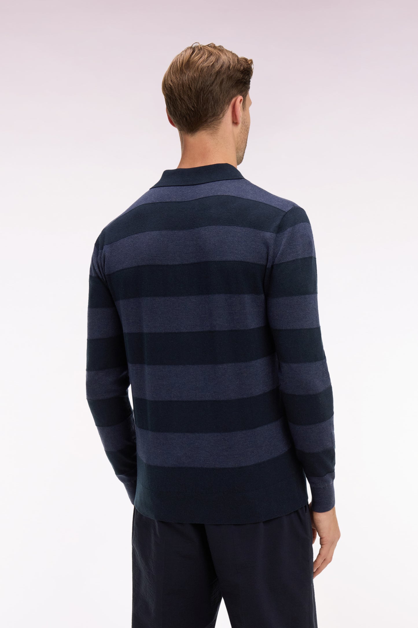 Navy cotton and lyocell blend striped jersey collar sweater