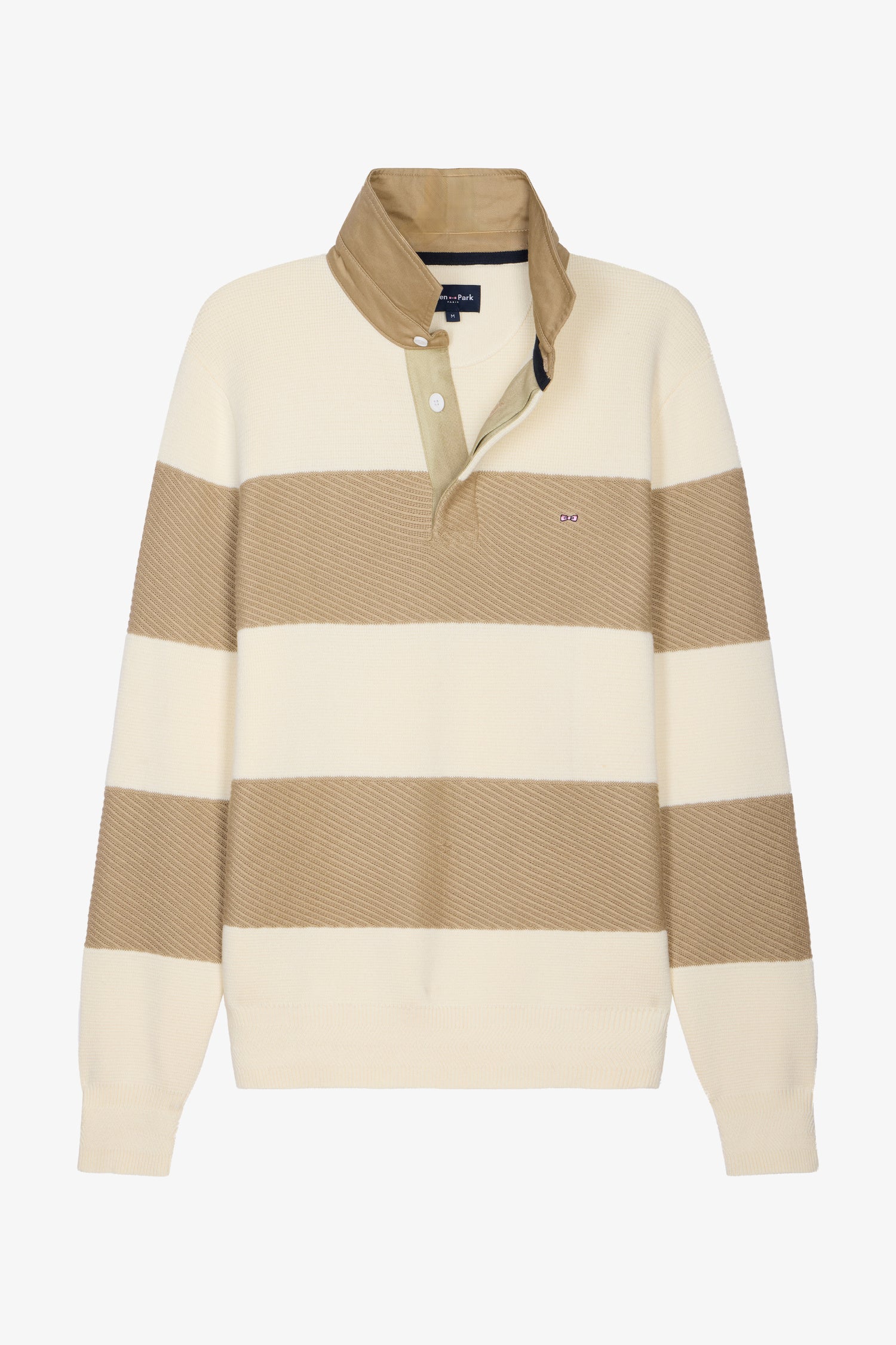 Pull col maillot rayé en coton écru et beige