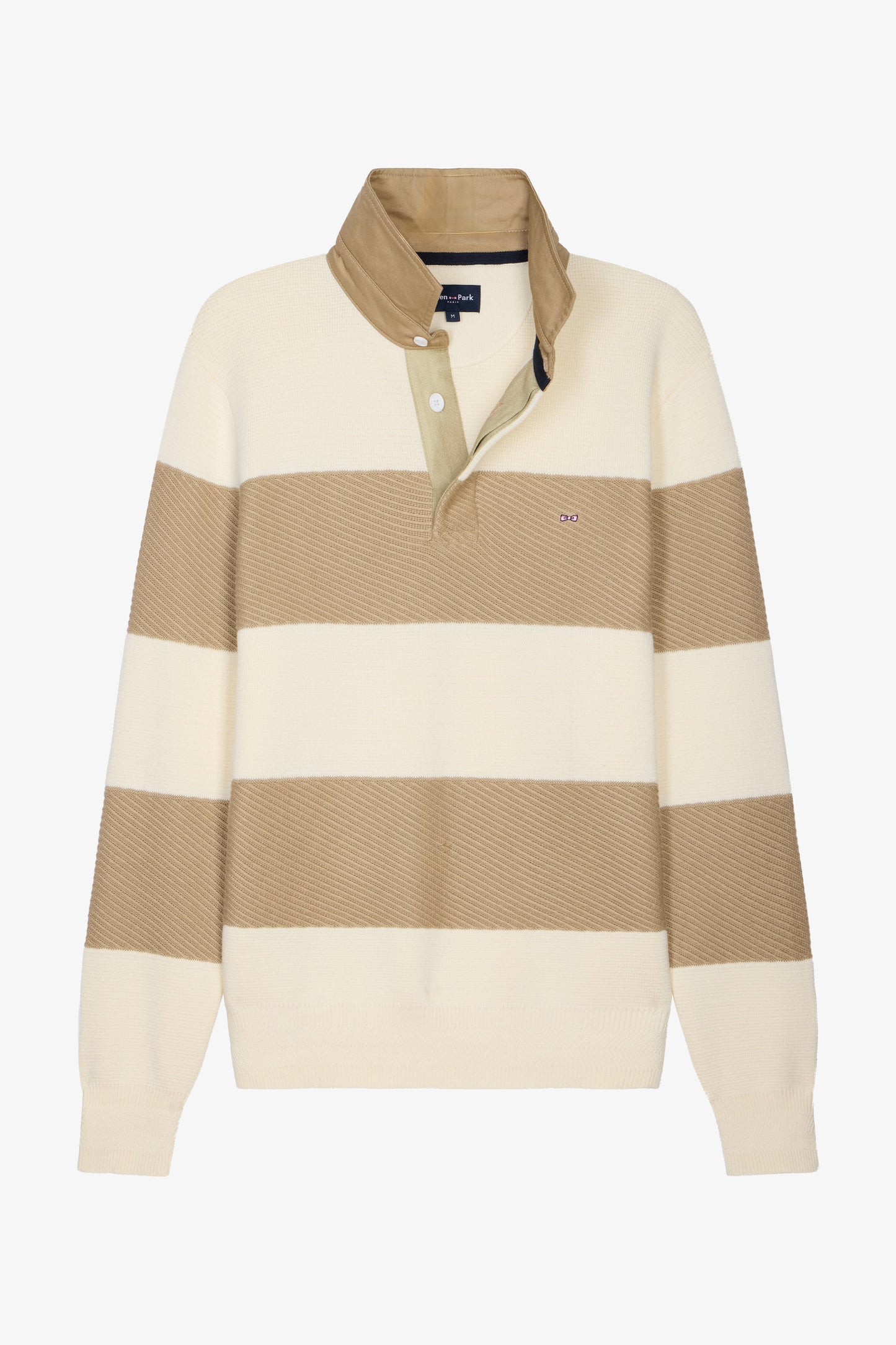 Striped jersey collar sweater in ecru and beige cotton