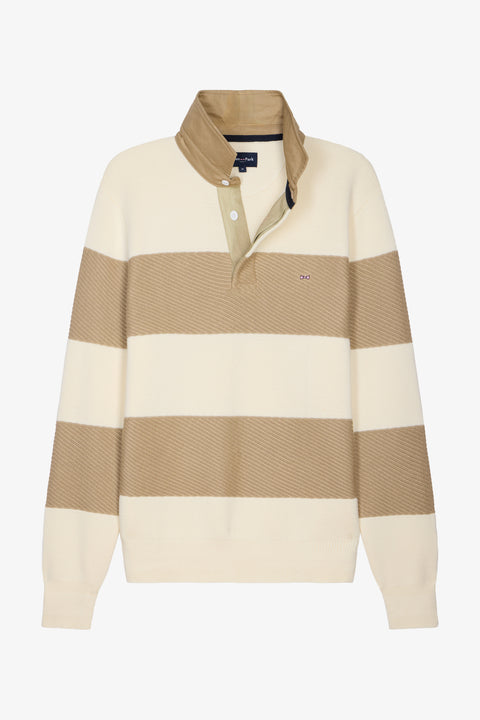 Pull col maillot rayé en coton écru et beige - Image 2